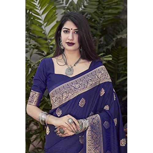 Flosive Women's Present Banarasi Soft Lichi Silk Saree Beautiful Jacquard Rich Pallu Design Work Zari Woven Kanjivaram Silk Style Saree Pushpa With Soft Lichi Silk Blouse Piece (Blue)