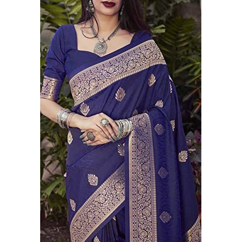 Flosive Women's Present Banarasi Soft Lichi Silk Saree Beautiful Jacquard Rich Pallu Design Work Zari Woven Kanjivaram Silk Style Saree Pushpa With Soft Lichi Silk Blouse Piece (Blue)