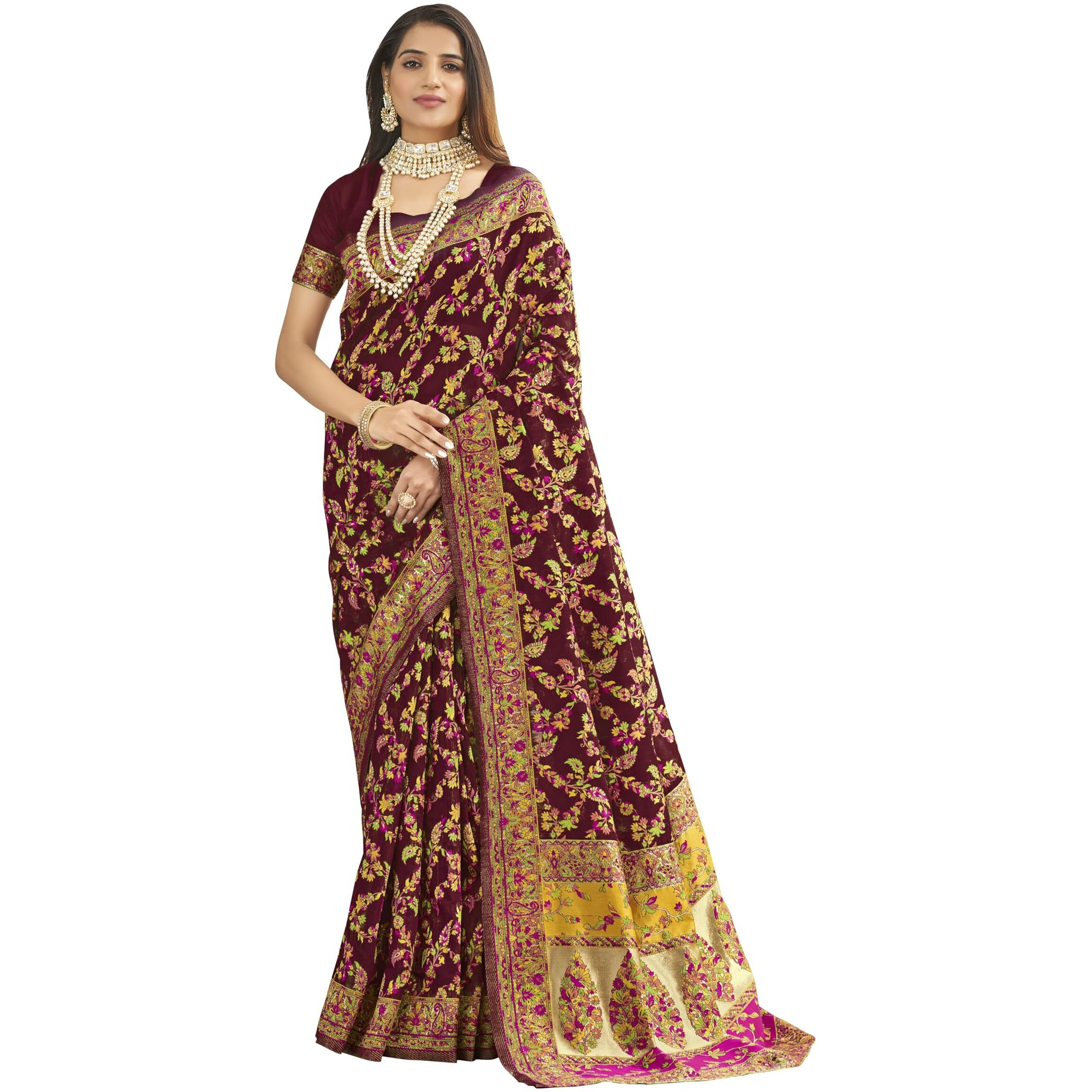 Glory Sarees Women's Kashmiri Cotton Woven Saree With Blouse Piece (Heritage_Silk111_Maroon)