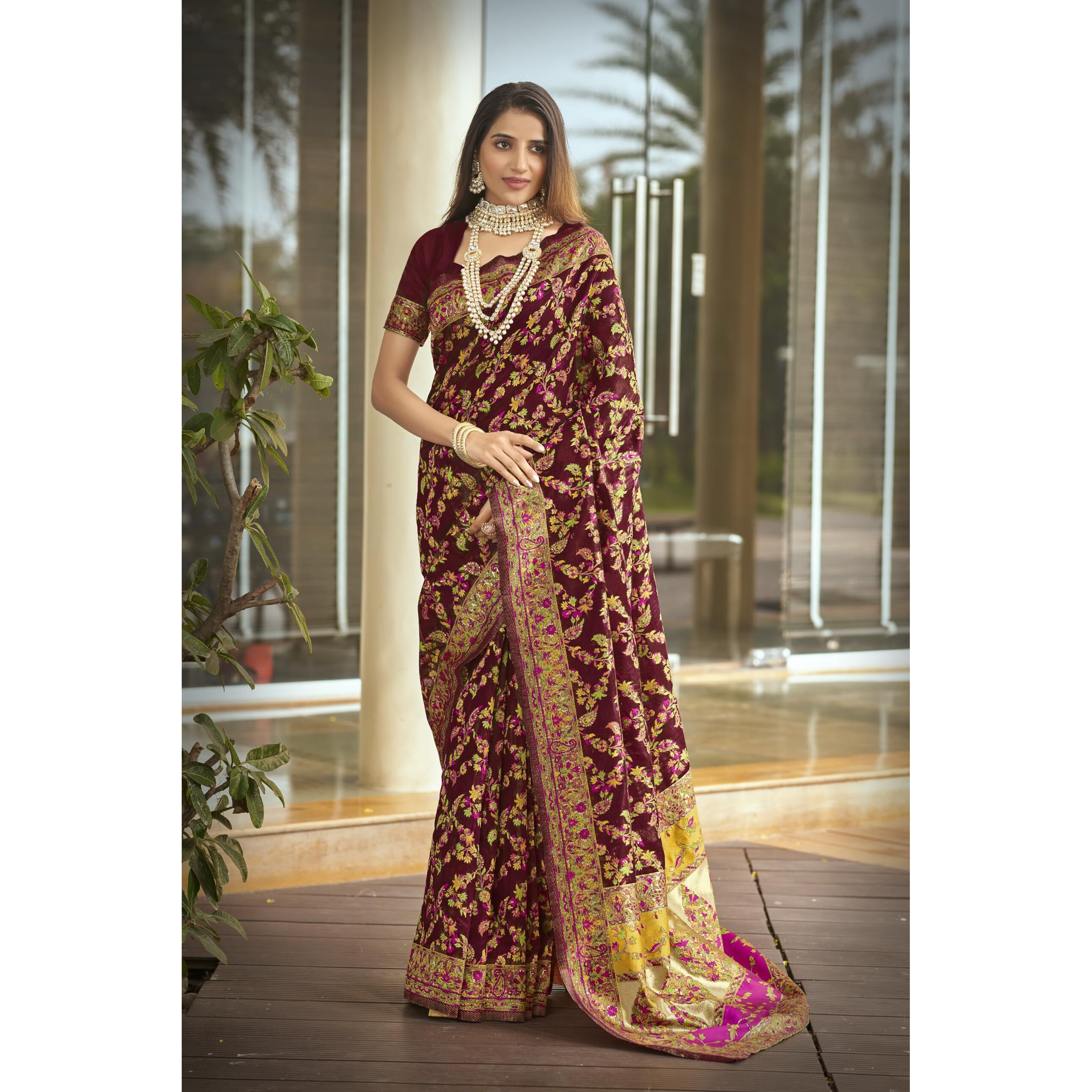 Glory Sarees Women's Kashmiri Cotton Woven Saree With Blouse Piece (Heritage_Silk111_Maroon)