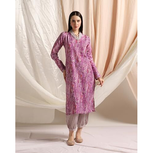 Greciilooks Women Cotton Blend Casual Regular Fit Kurta Pant Set (Purple, Large)