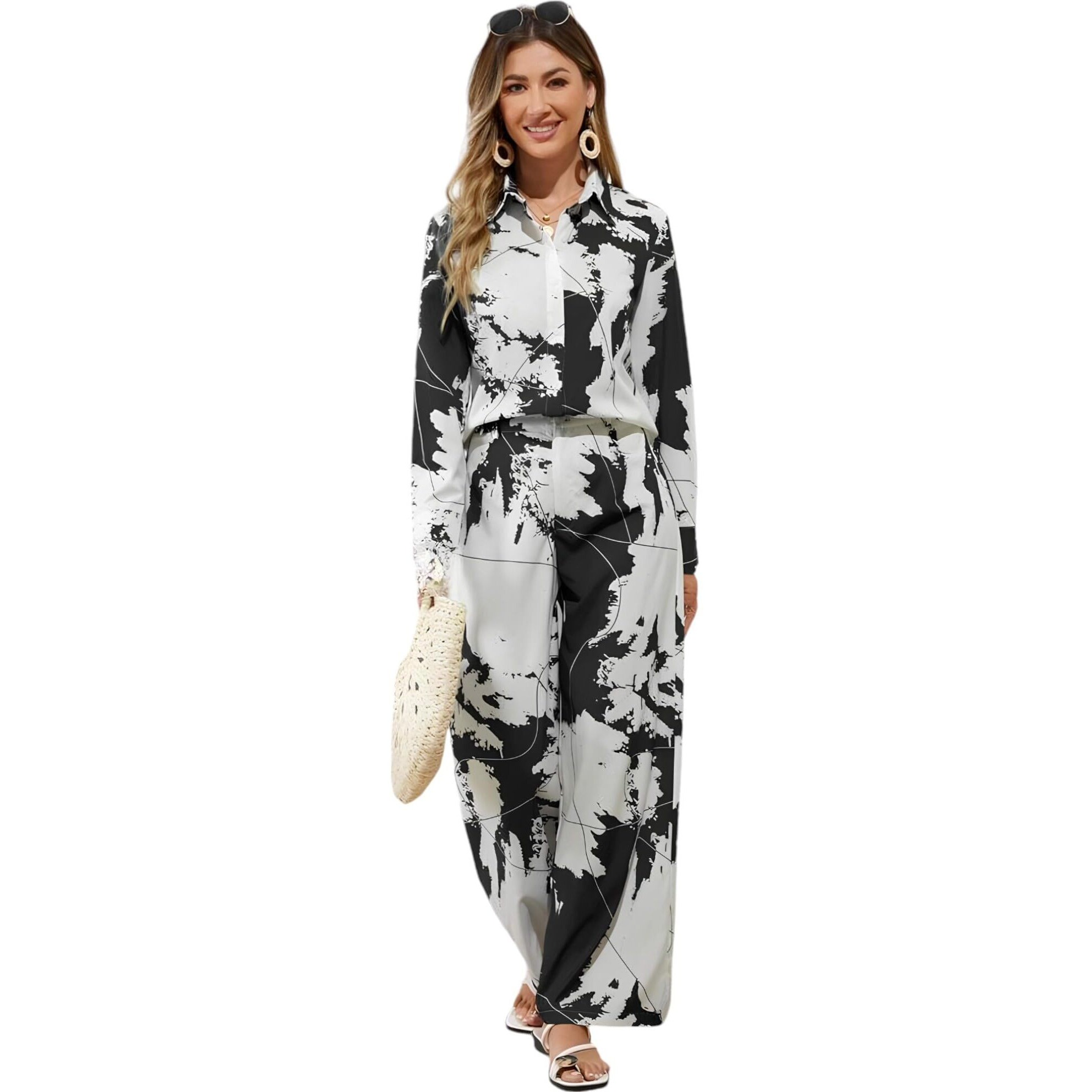 Gufrina Women's Abstract Print Co-Ords Set - Long Sleeve Open Collar Shirt And Wide-Leg Pants Ensemble (Blue M)