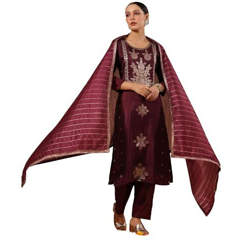 Ishin Women's Poly Silk Self Design Magenta Straight Kurta Suit Set With Trousers And Dupatta