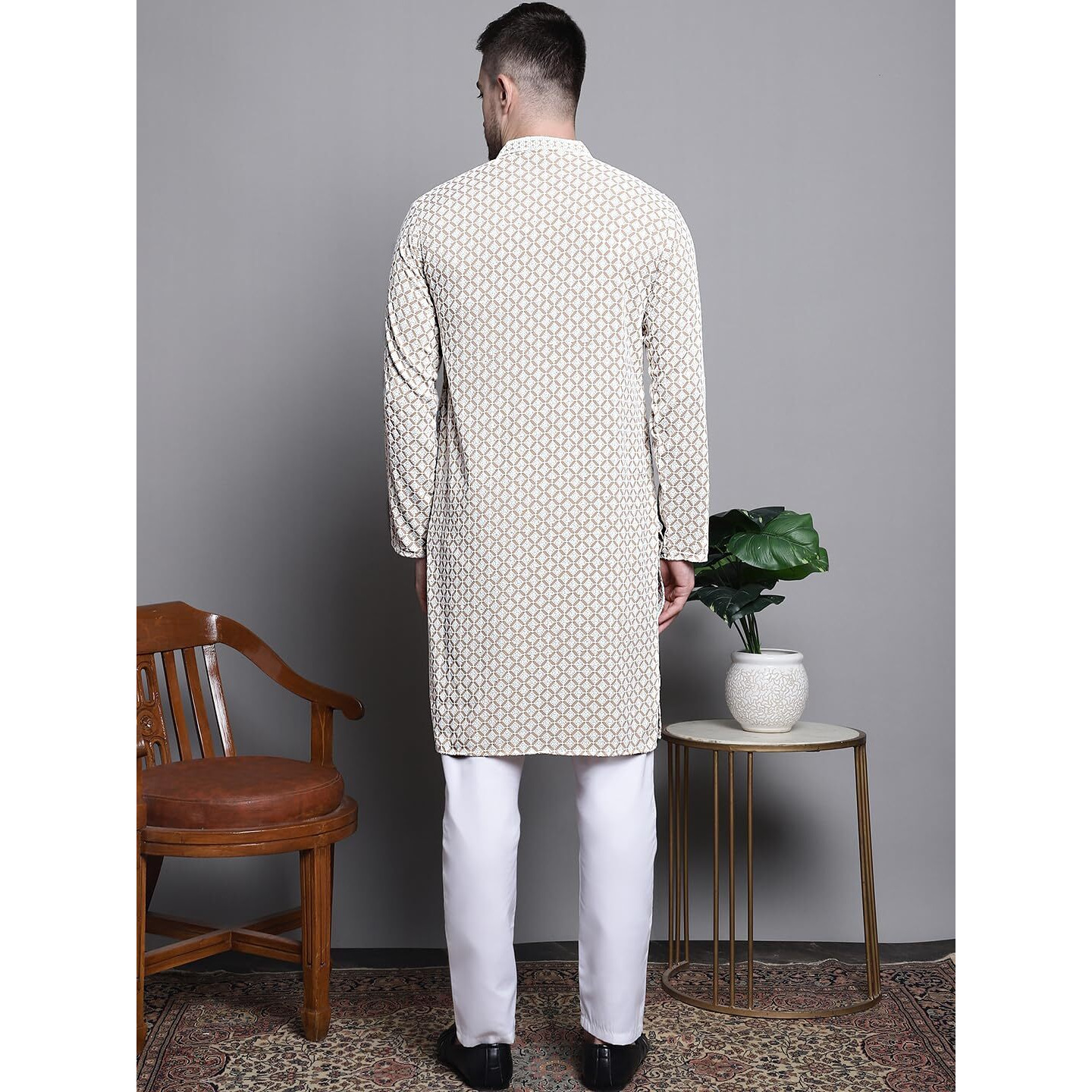 Jompers Men Sequin Embroidered Pure Cotton Kurta With Pyjamas (Beige, M)