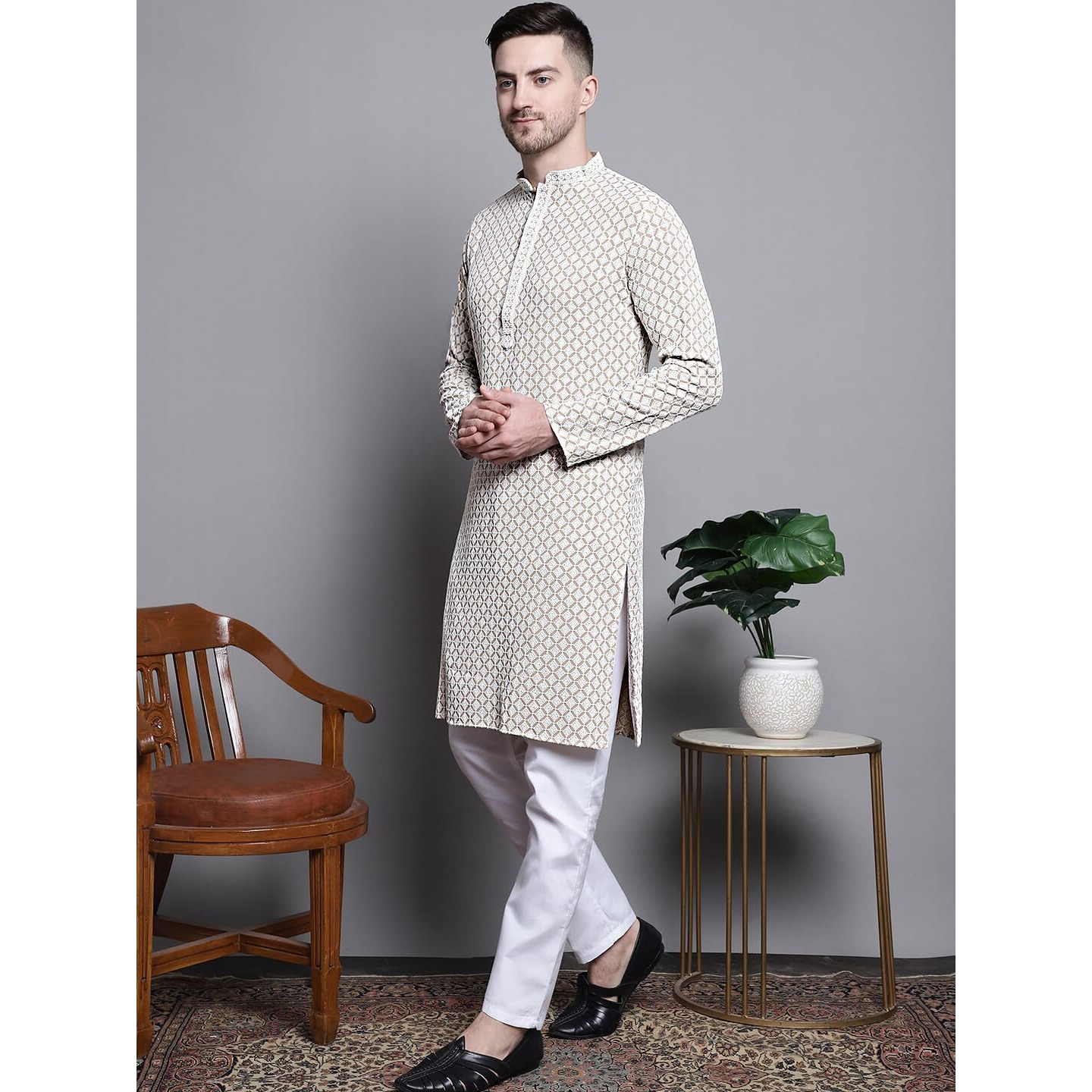 Jompers Men Sequin Embroidered Pure Cotton Kurta With Pyjamas (Beige, M)