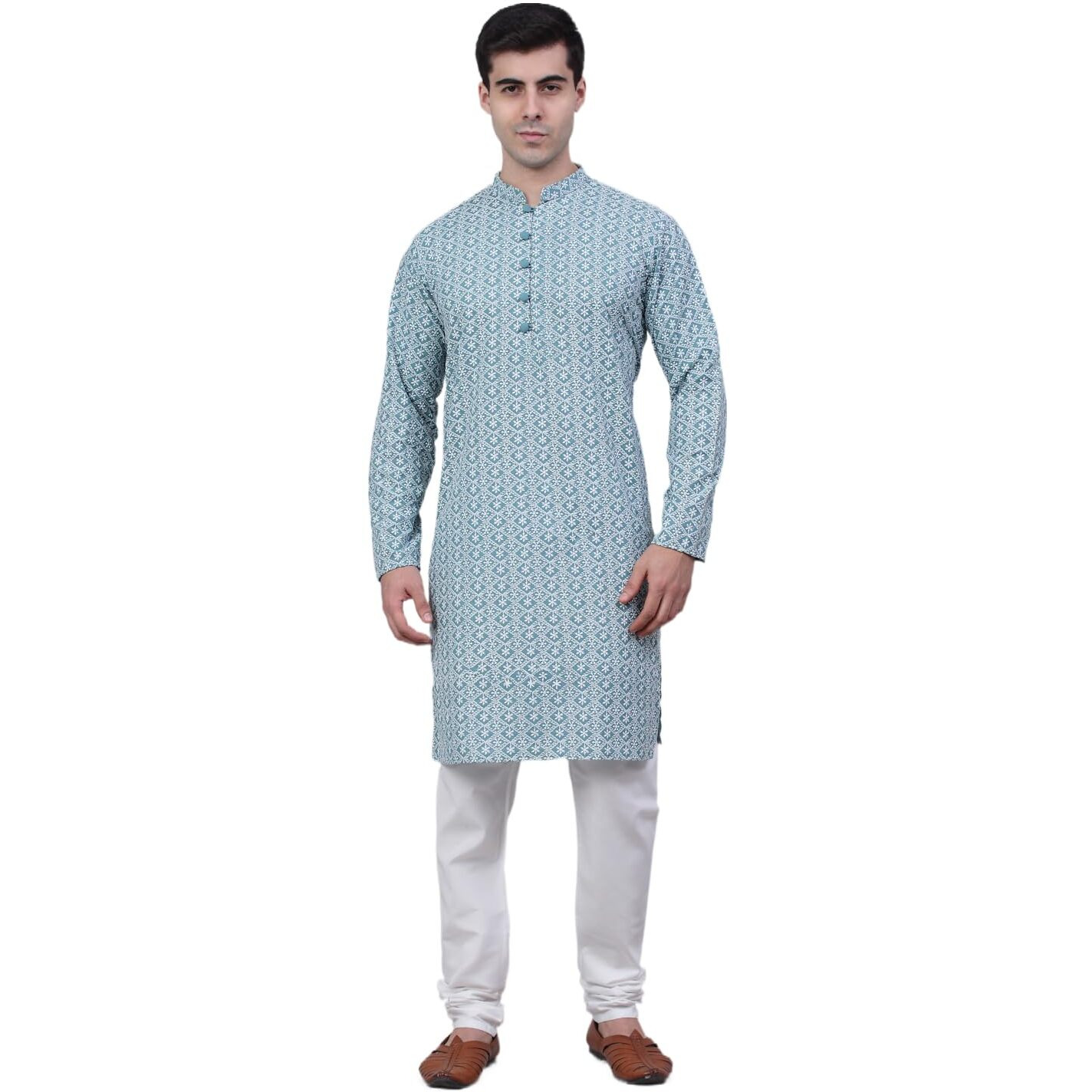 Jompers Men's Floral Embroidered Kurta Pyjama Sets (Teal, Xxl)