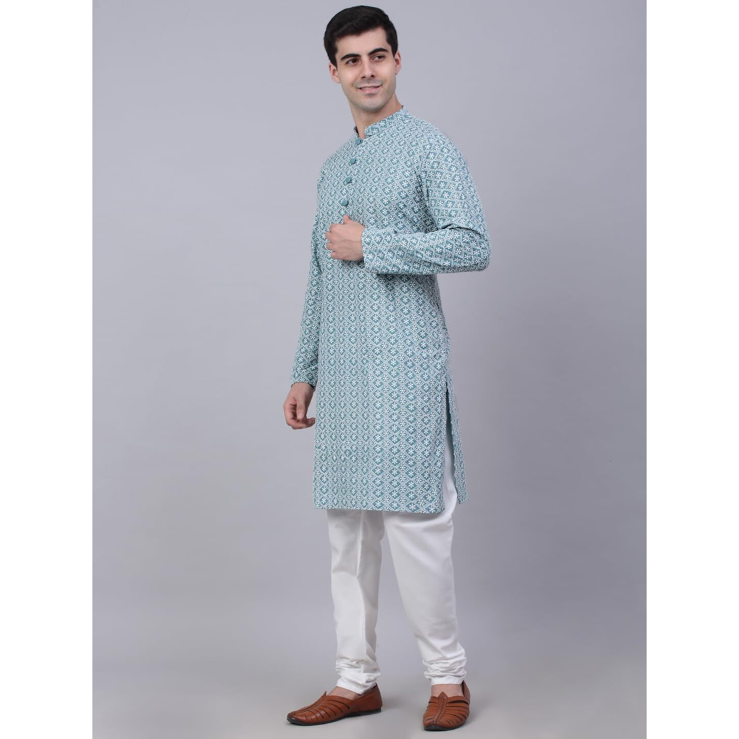 Jompers Men's Floral Embroidered Kurta Pyjama Sets (Teal, Xxl)