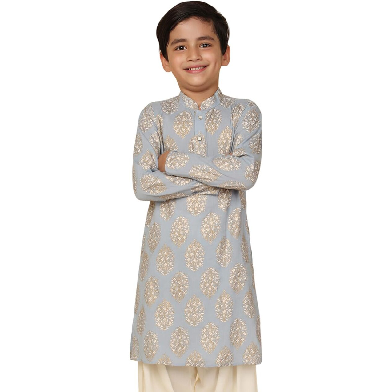 Kisah Kid's Cotton Full Sleeves Regular Fit Knee Length Ethnic Motifs Blue Kurta (5-6Y)