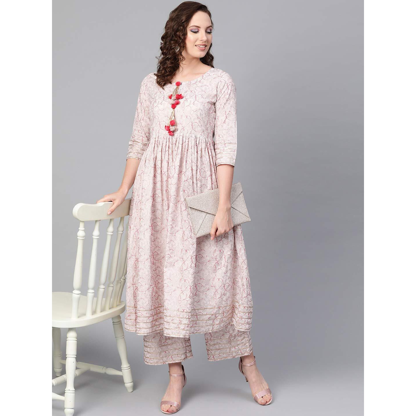 Idalia Floral Printed Cotton Kurta Set For Women Solid, 3/4 Sleeve, Round-Neck Kurta With Palazzo Pant