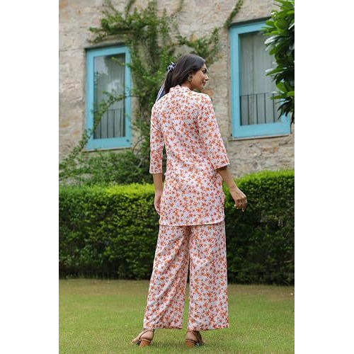 Leriya Fashion Women Rayon Printed Party Regular Fit Ethnic Wear Co-Ord Kurta Set For Women (Lf-W2103&Tr1058-M-Orange)