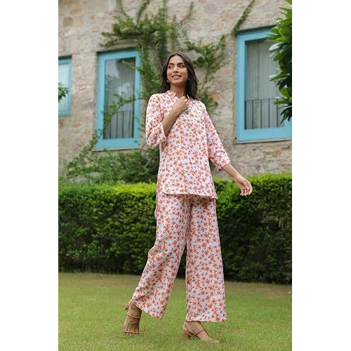 Leriya Fashion Women Rayon Printed Party Regular Fit Ethnic Wear Co-Ord Kurta Set For Women (Lf-W2103&Tr1058-M-Orange)