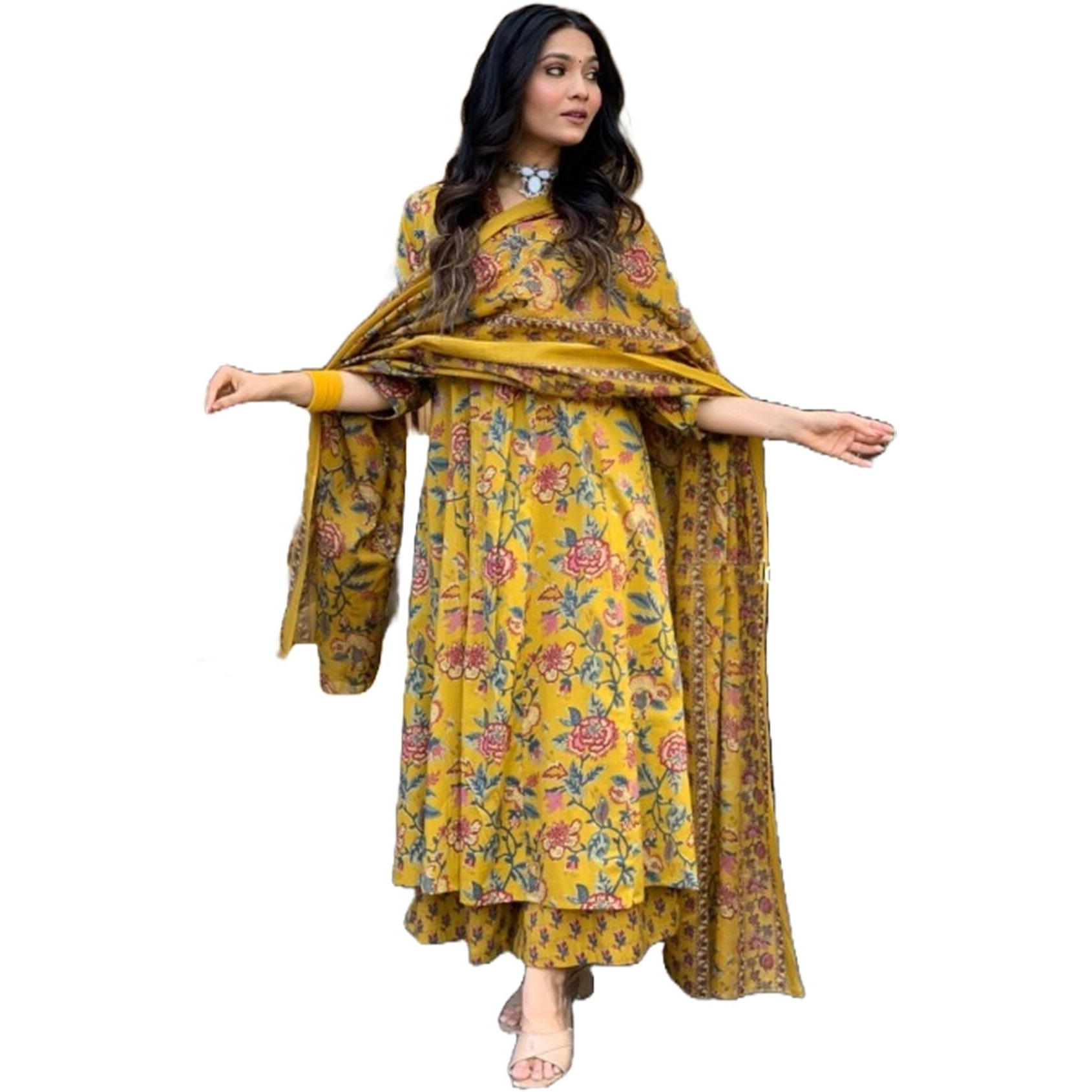 Lookmark Women's Cotton Blend Floral Printed Kurta Plazzo Set With Dupatta Suitable For Every Indian Occasion (Az-Lm-Og-Ks2171 Yellow-M)