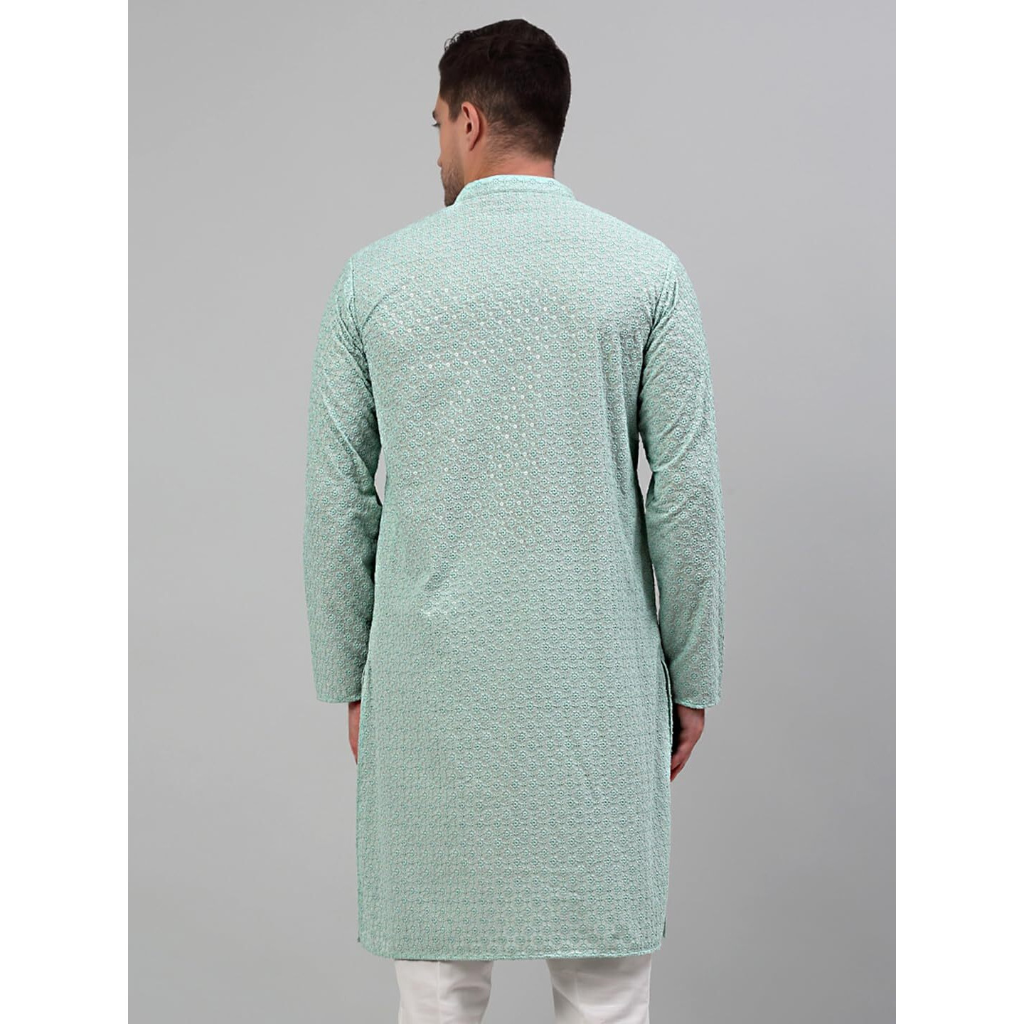 Jompers Men's Embroidered Chikankari And Sequence Kurtas (Green, S)