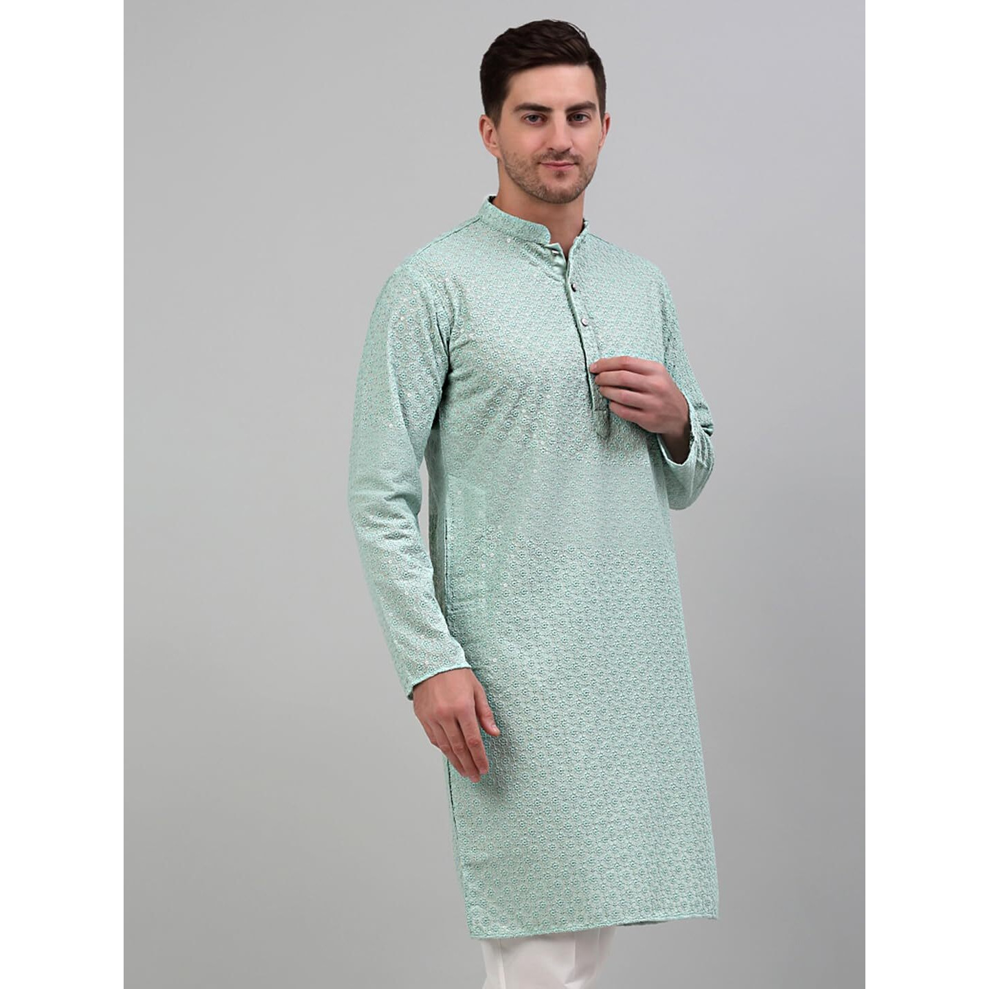 Jompers Men's Embroidered Chikankari And Sequence Kurtas (Green, S)