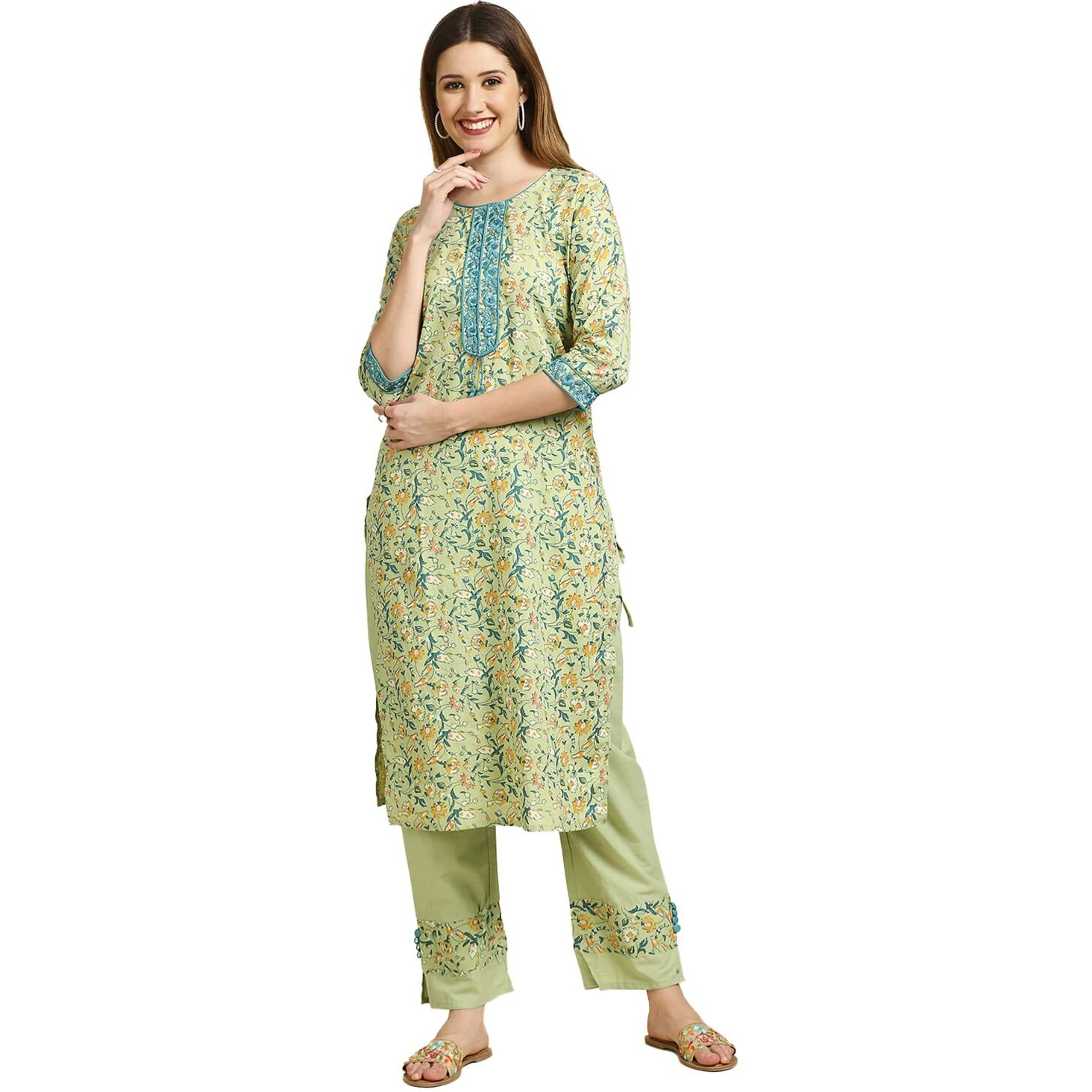 Anubhutee Women's Cotton Green Floral Printed Straight Kurta Suit Set With Trousers