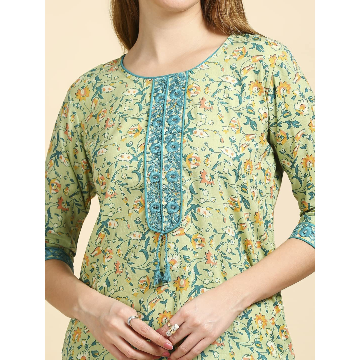 Anubhutee Women's Cotton Green Floral Printed Straight Kurta Suit Set With Trousers