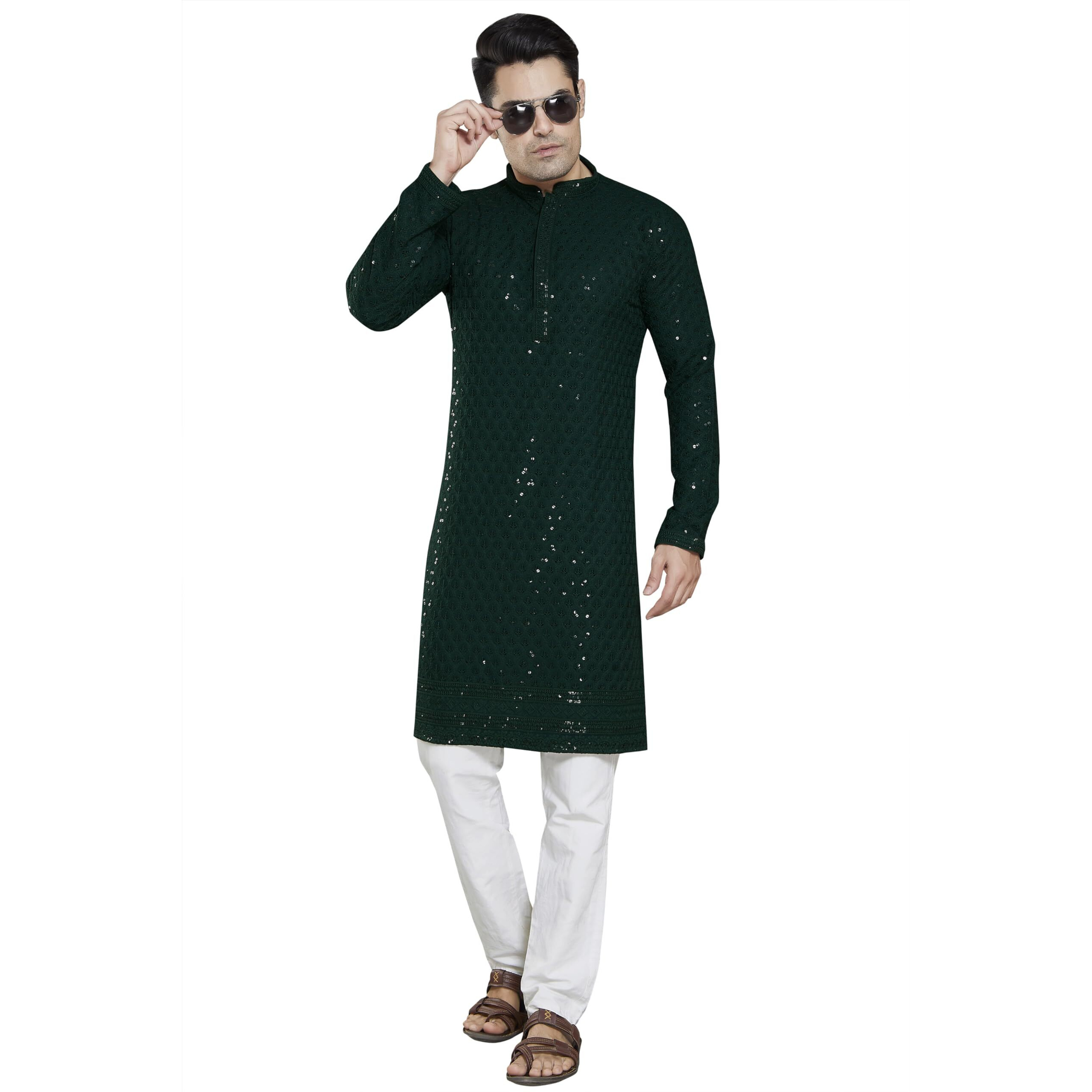 Divisive Men's Sequince Embroidered Cotton Blend Slim Fit Kurta Pyjama Set (Dkrt30_Xl_Bottle Green)