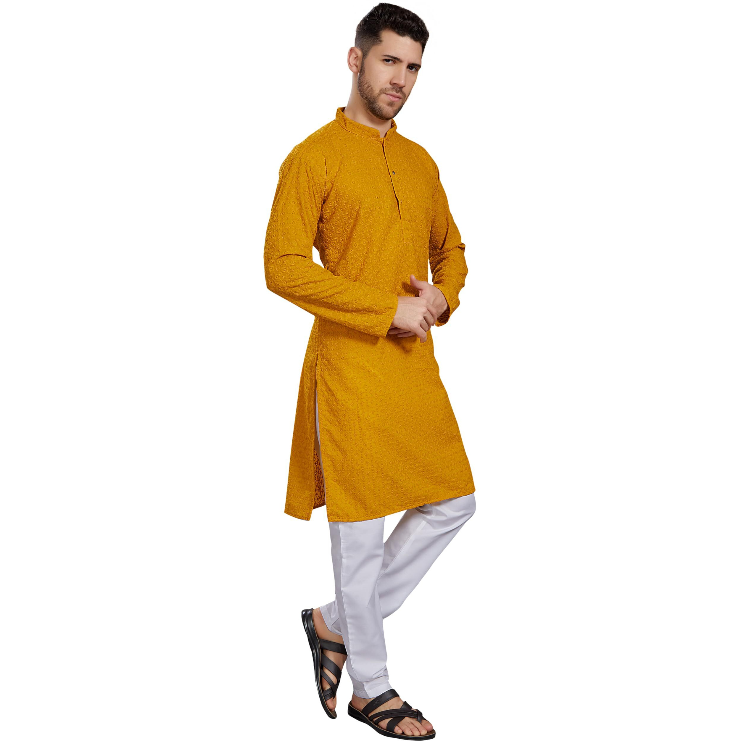 Divisive Men's Thread Embroidered Cotton Blend Only Slim Fit Kurta (Dkrt785_Xxl_Yellow)