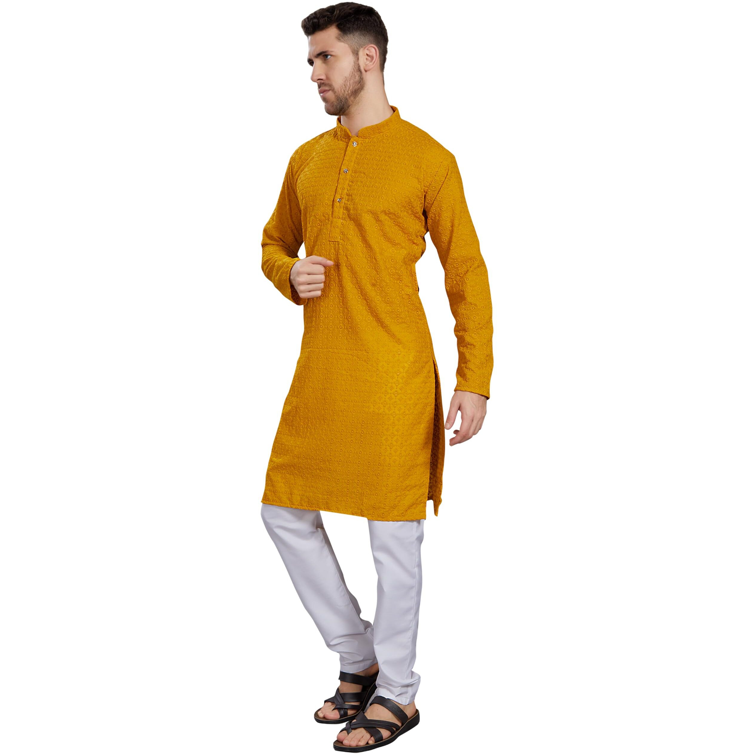 Divisive Men's Thread Embroidered Cotton Blend Only Slim Fit Kurta (Dkrt785_Xxl_Yellow)