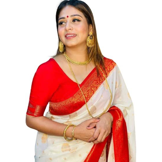 Flosive Women's Present Banarasi Soft Lichi Silk Saree Beautiful Jacquard Rich Pallu Design Work Zari Woven Kanjivaram Silk Style Saree With Soft Lichi Silk Blouse Piece Ayn Royal Look (White)
