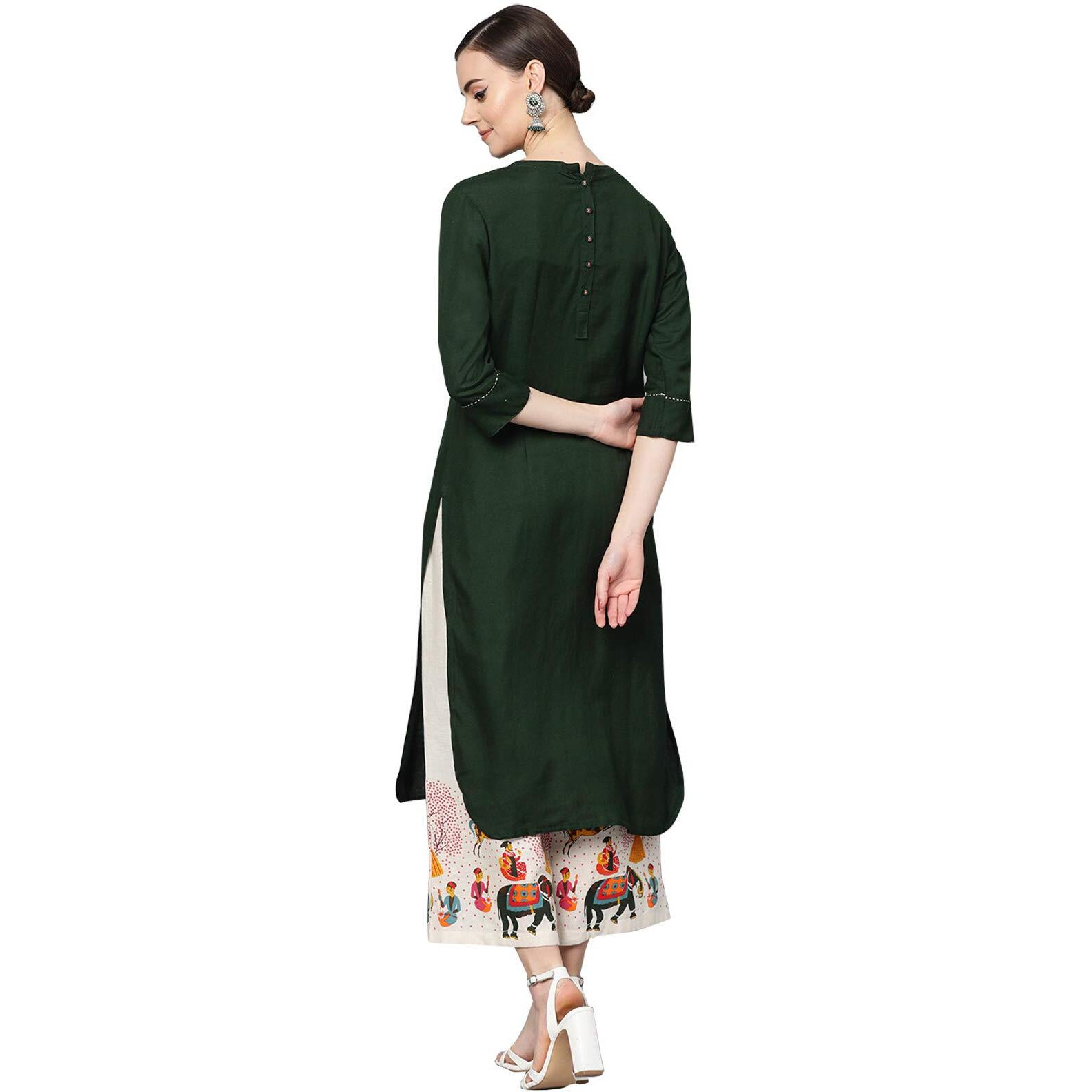 Ishin Women's Pure Cotton Green & Off White Thread Embroidered A-Line Kurta Set With Palazzo