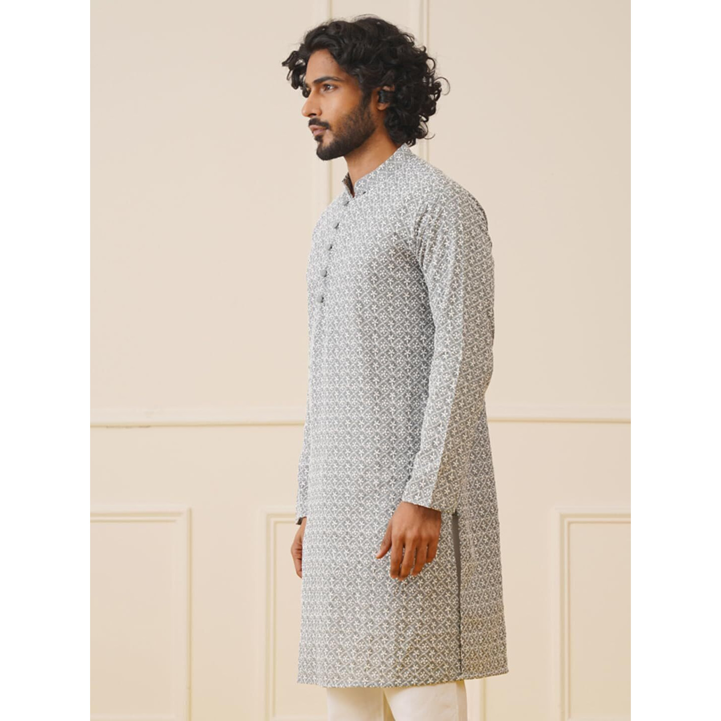 Jompers Men Grey Chikankari Embroidered Kurtas (Grey, Xxl)