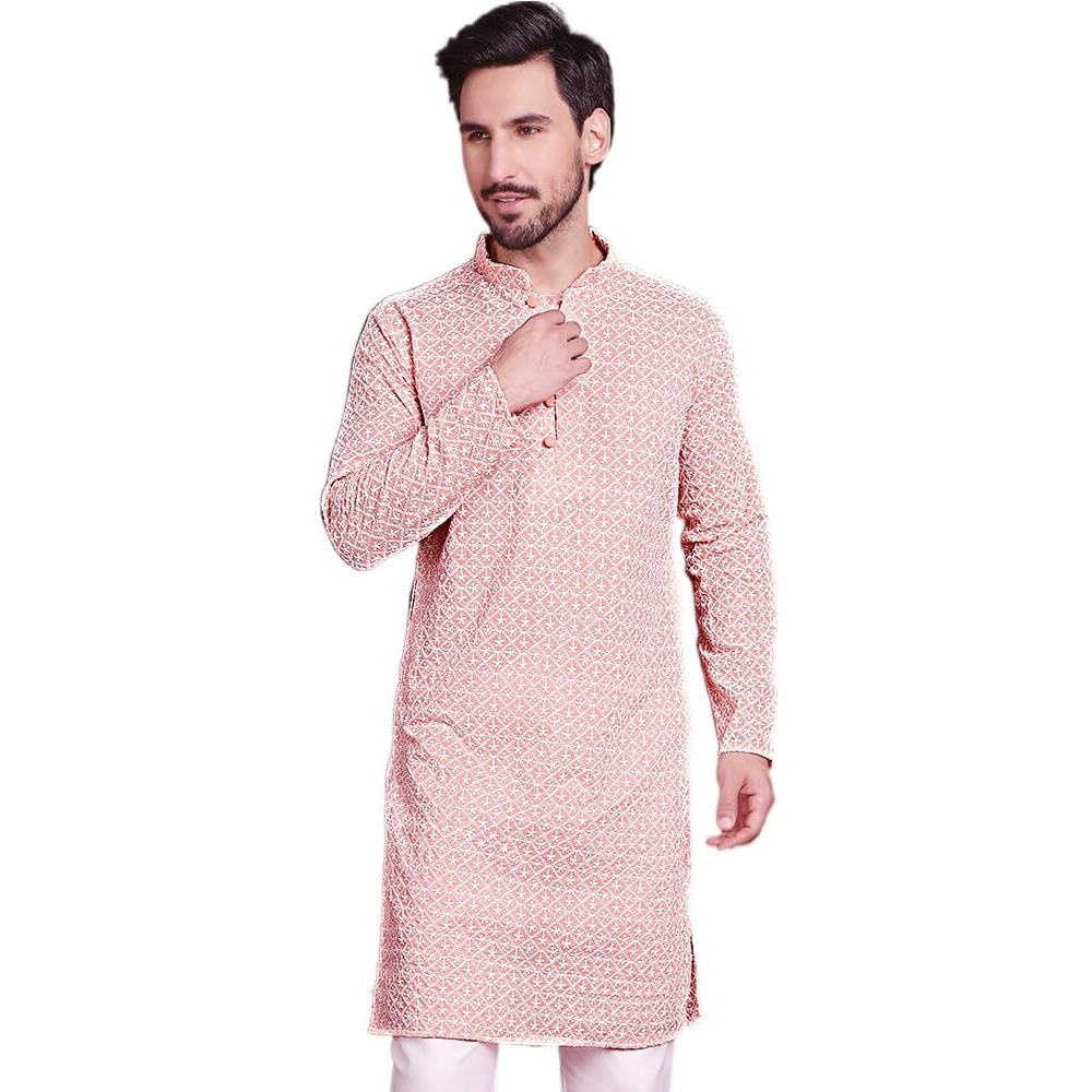 Jompers Chikankari Embroidered Kurtas For Men (Orange, L)