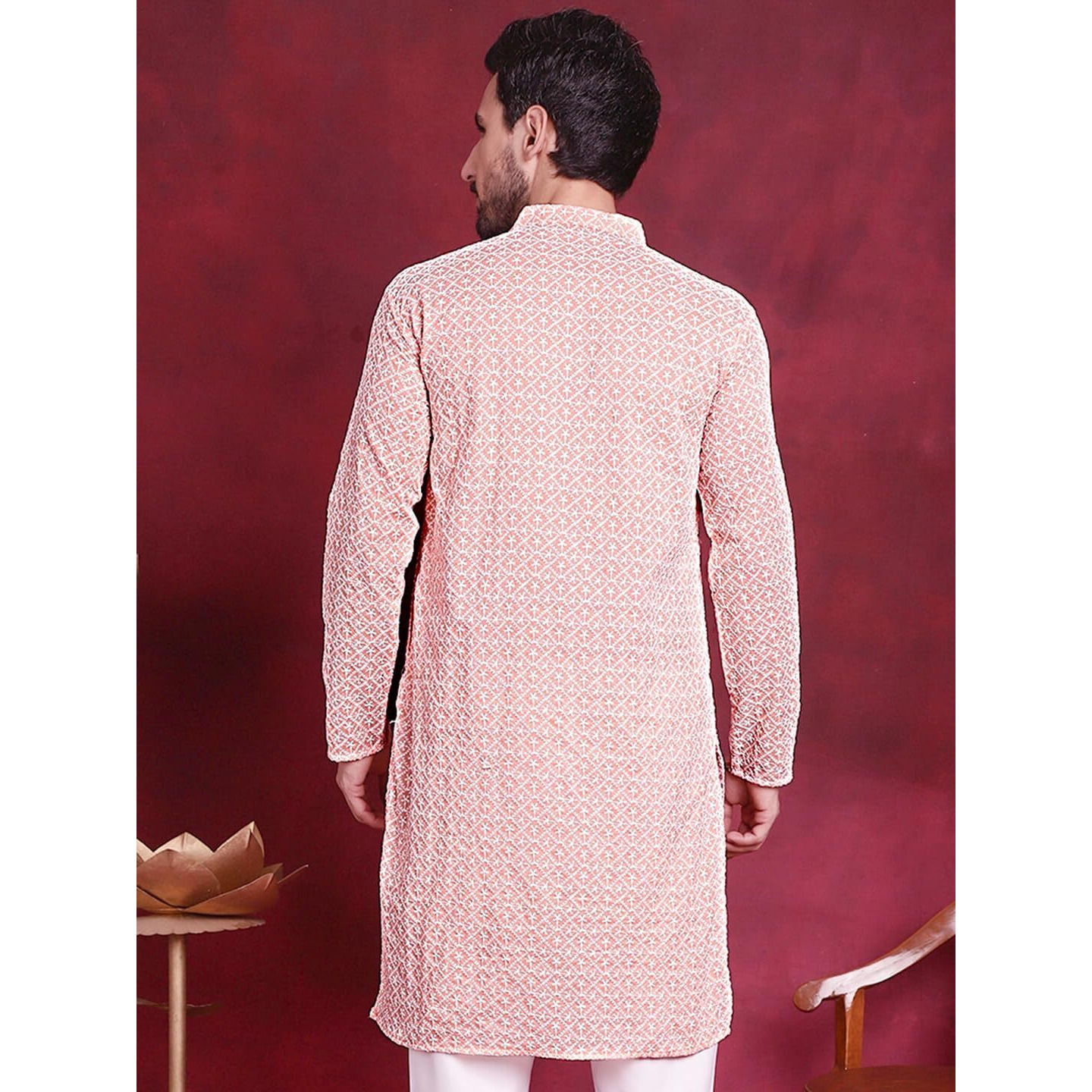 Jompers Chikankari Embroidered Kurtas For Men (Orange, L)