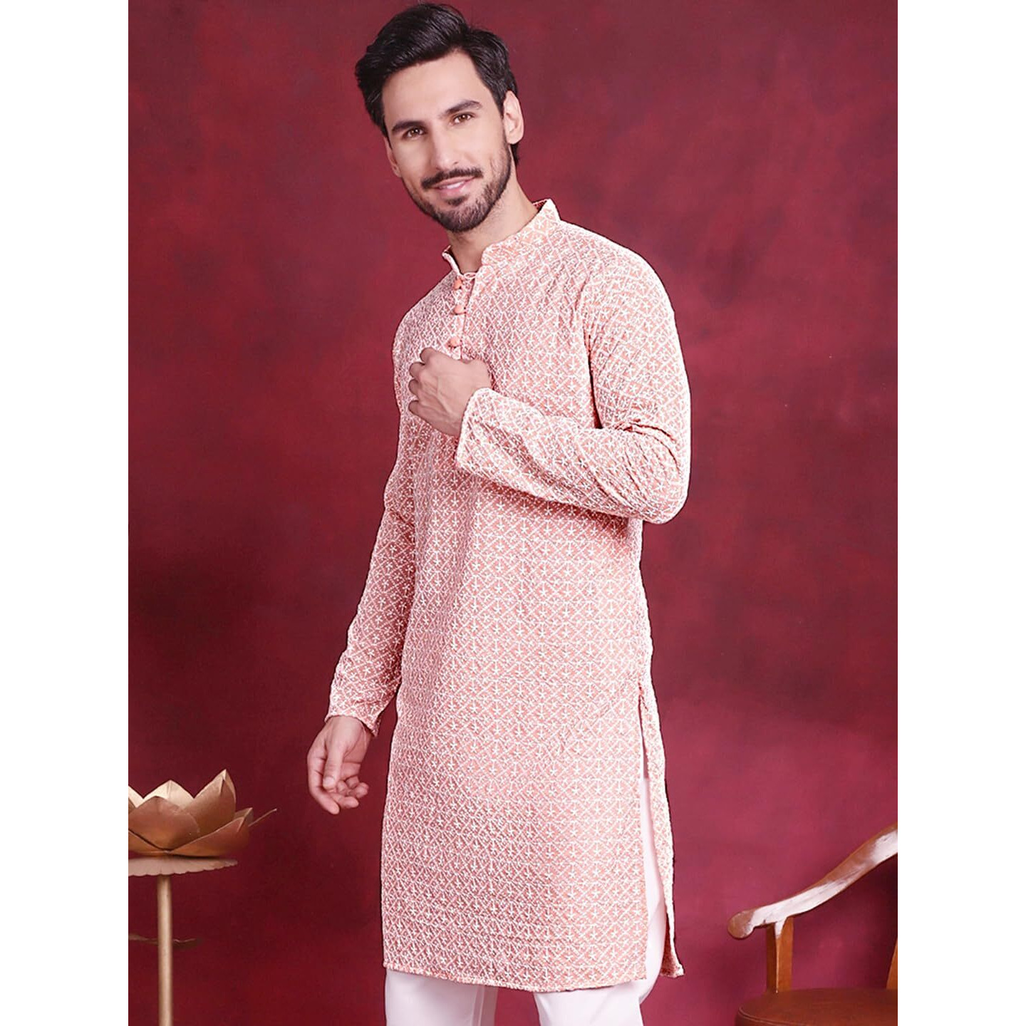 Jompers Chikankari Embroidered Kurtas For Men (Orange, L)