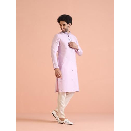 Kisah Mens Kurta Trouser Set, Cotton Blend Embroidered Mandarin Collar Long Sleeves, Lavender Ethnic Wear Set For Men, 42