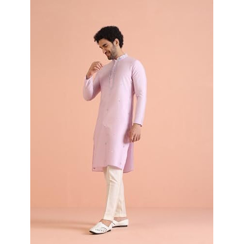 Kisah Mens Kurta Trouser Set, Cotton Blend Embroidered Mandarin Collar Long Sleeves, Lavender Ethnic Wear Set For Men, 42