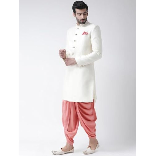Kisah Men's Indo-Western Sherwani Dhoti Set, White Jacquard Woven Design Regular Fit Mandarin Collar Long Sleeves (Xl)