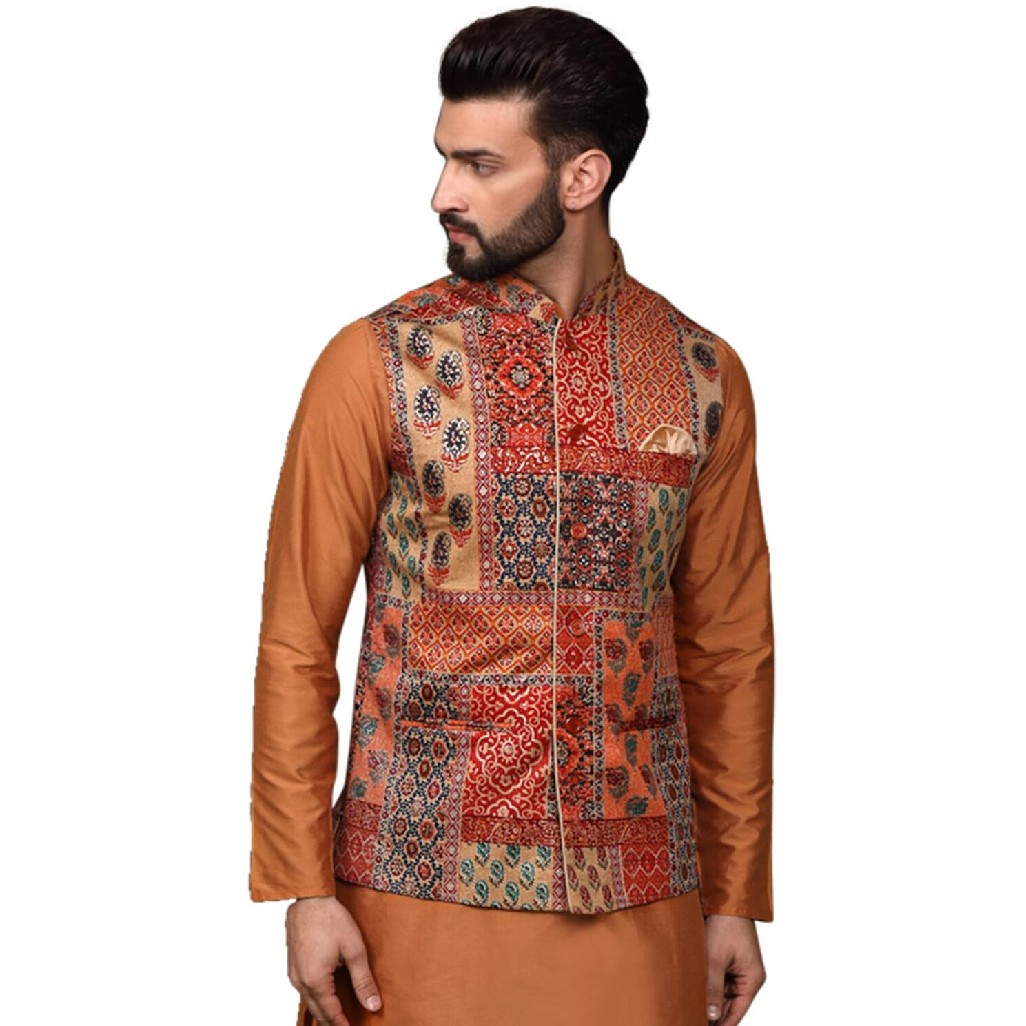 Kisah Men's Ethnic Wear Regular Fit Printed Cotton Blend Multi-Orange Nehru Jacket (L)