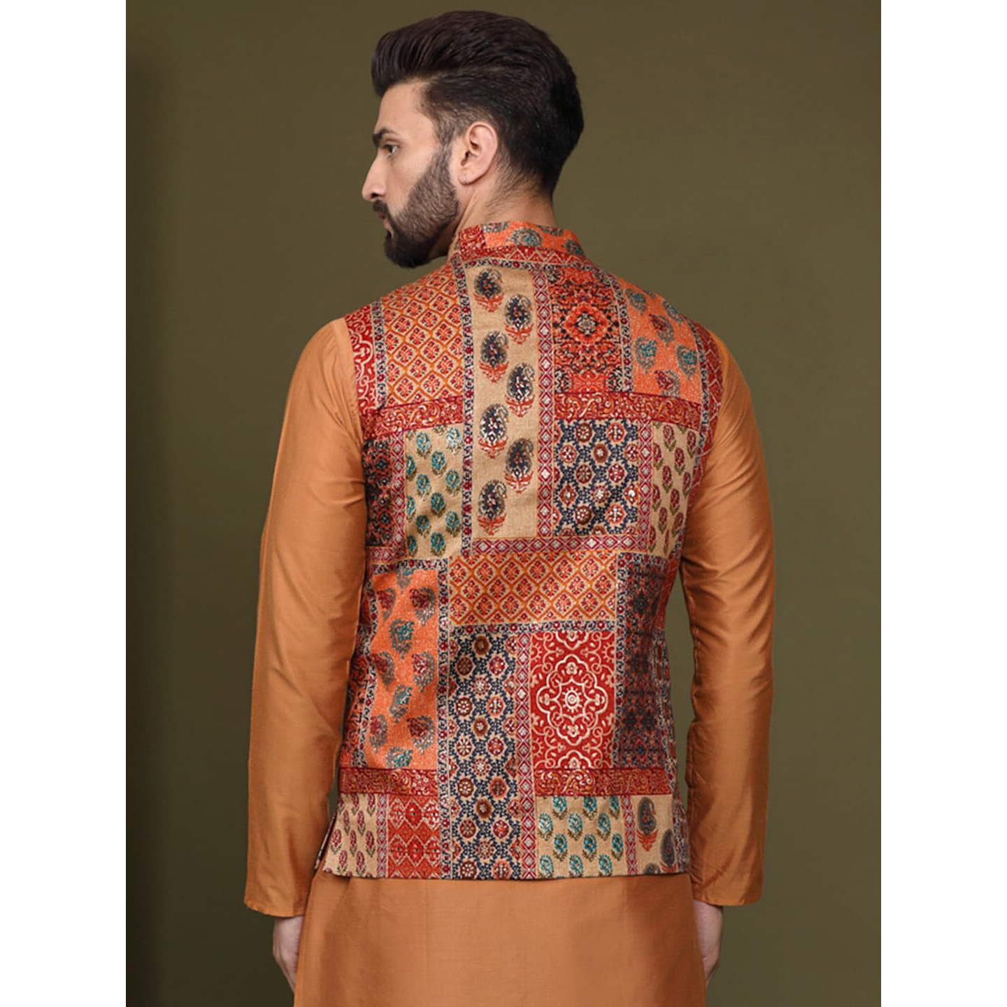 Kisah Men's Ethnic Wear Regular Fit Printed Cotton Blend Multi-Orange Nehru Jacket (L)