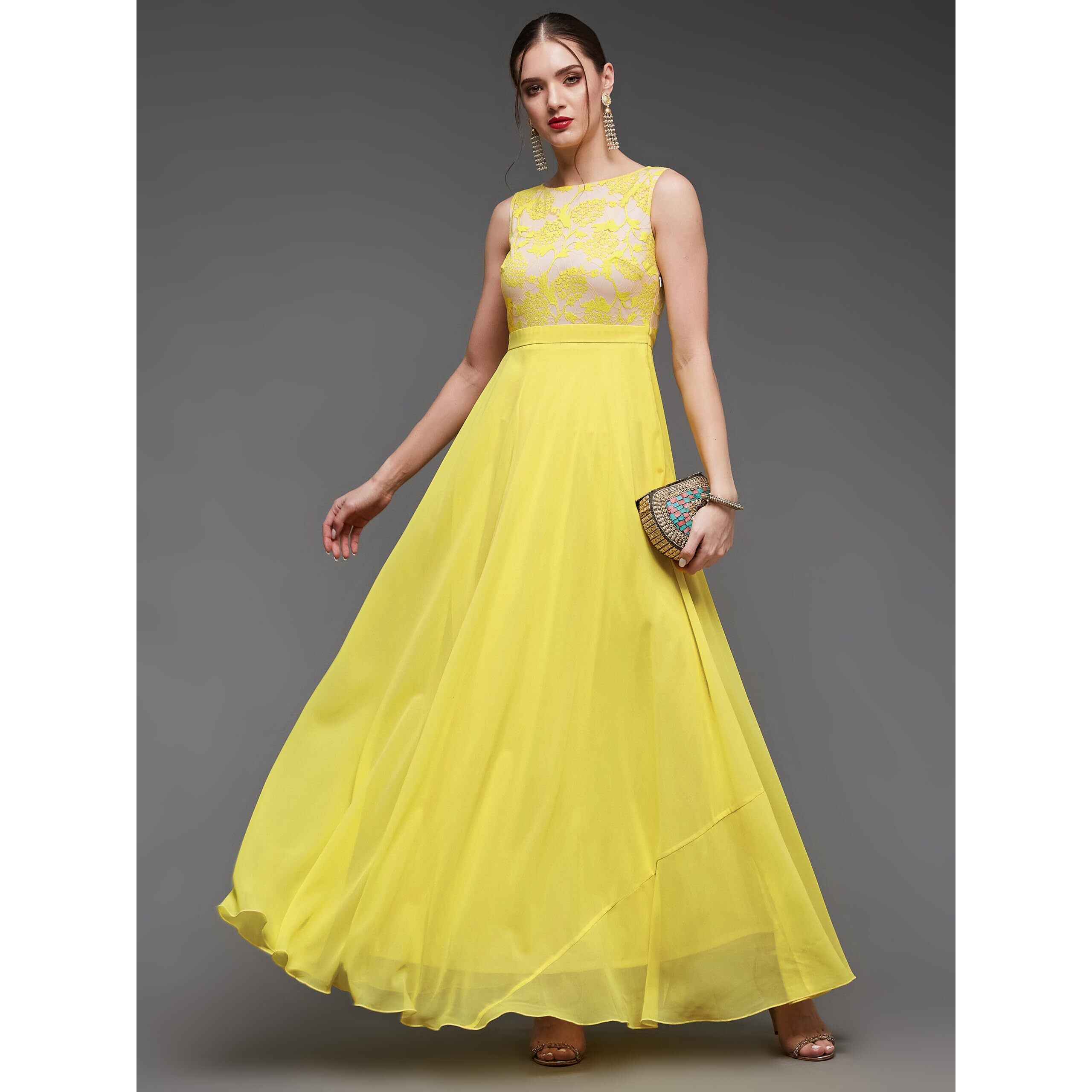 Miss Chase Women's Round Neck Sleeveless Georgette Floral Lace Fit & Flare Maxi Dress Light Yellow