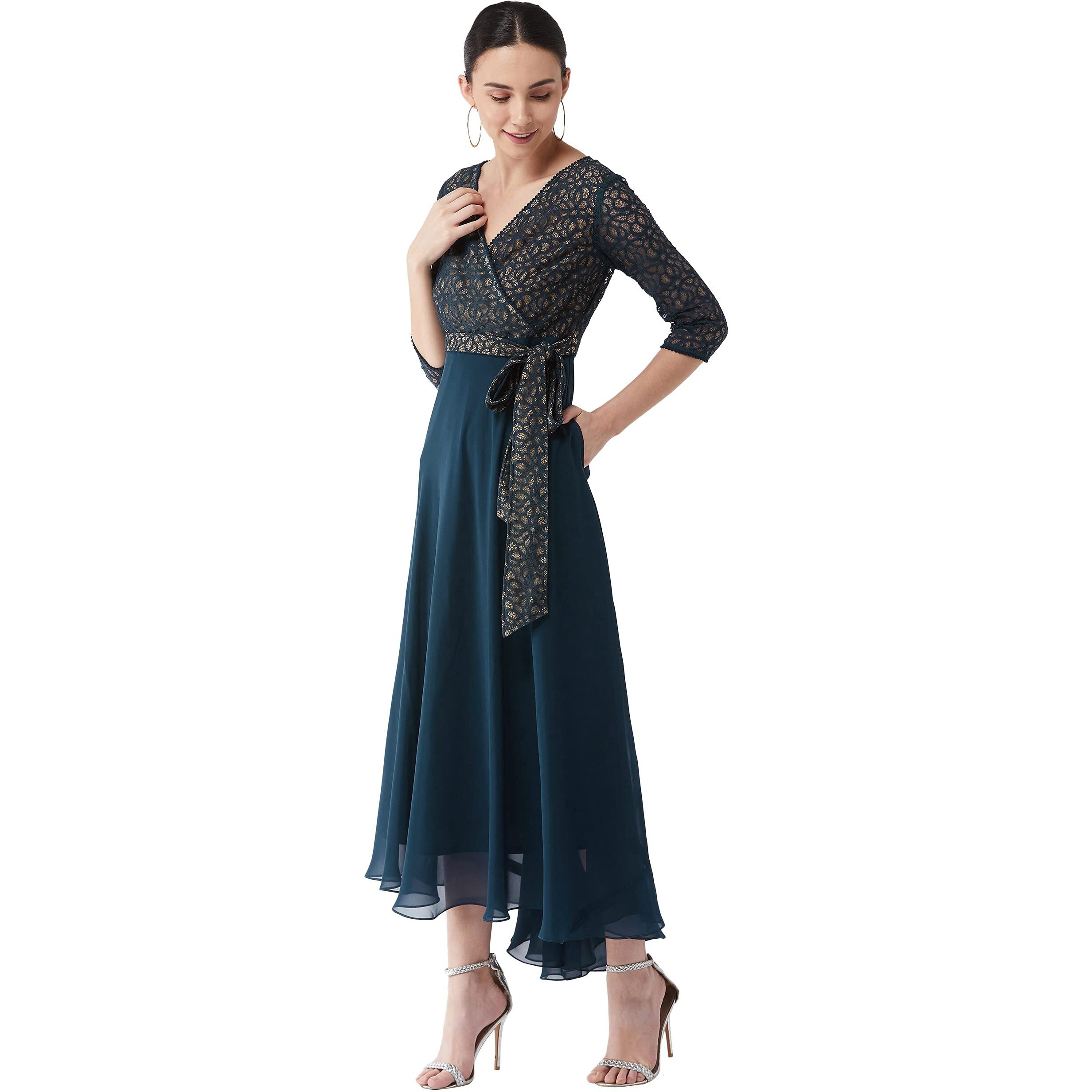 Miss Chase Women's Floral Printed Relaxed Fit V-Neck 3/4Th Sleeve Maxi Dress (Mcss21D14-67-83-05, Teal, L)