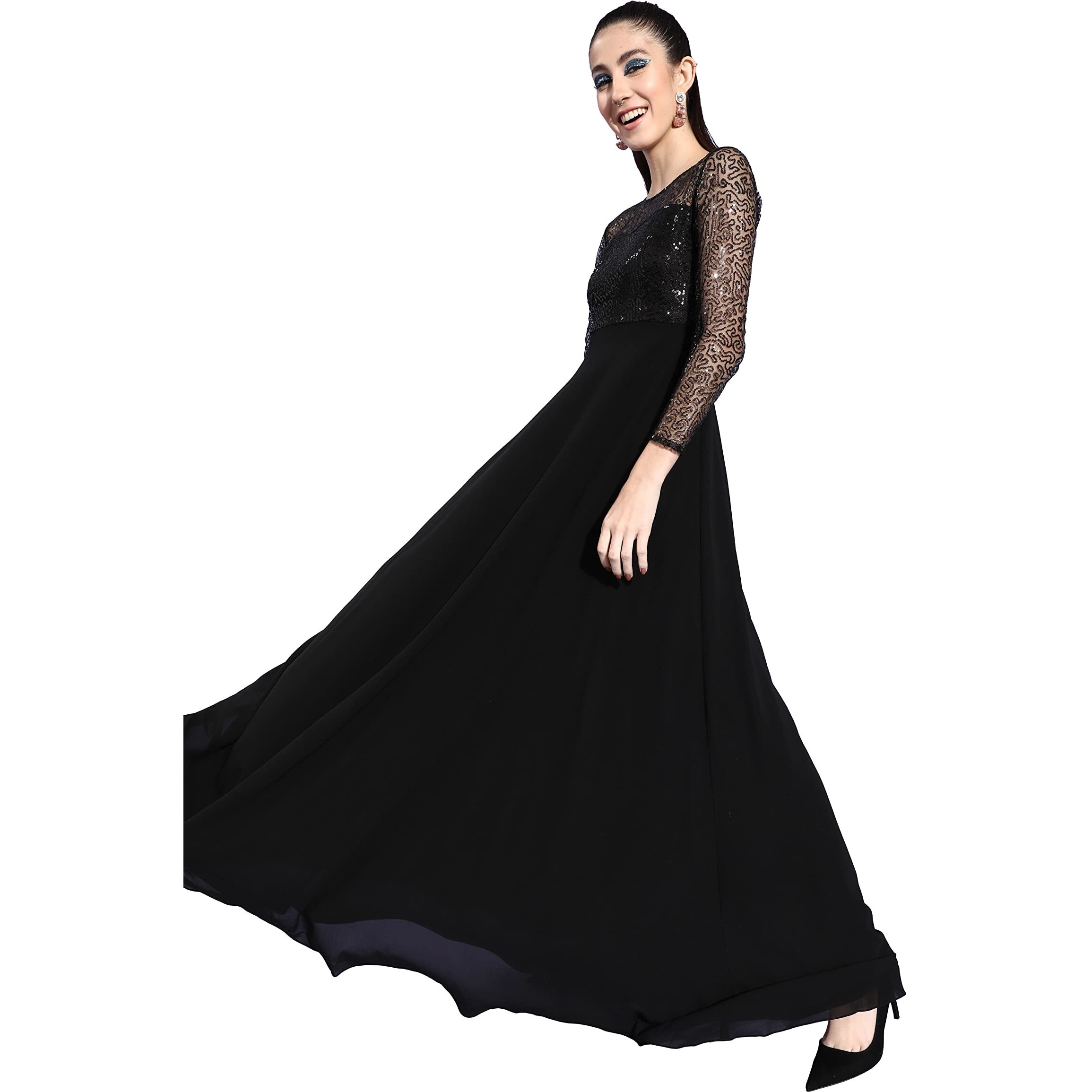 Miss Chase Women's Black Solid Embellished Maxi Dress(Mcaw21D06-21-62-02,Black,Xs)