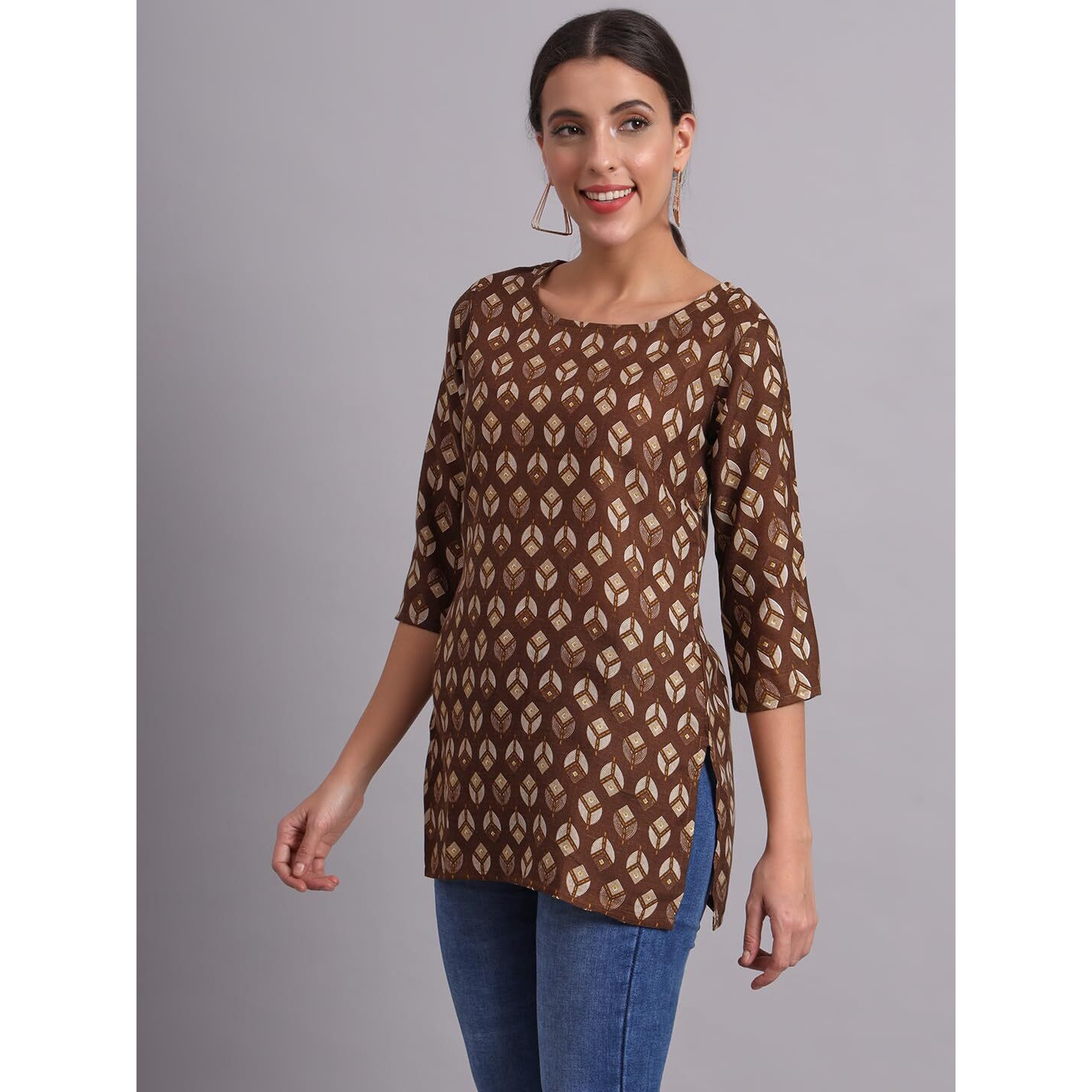 Patlani Women's Cotton Printed Short Fullstitched Kurti/Kurtas. Coffee