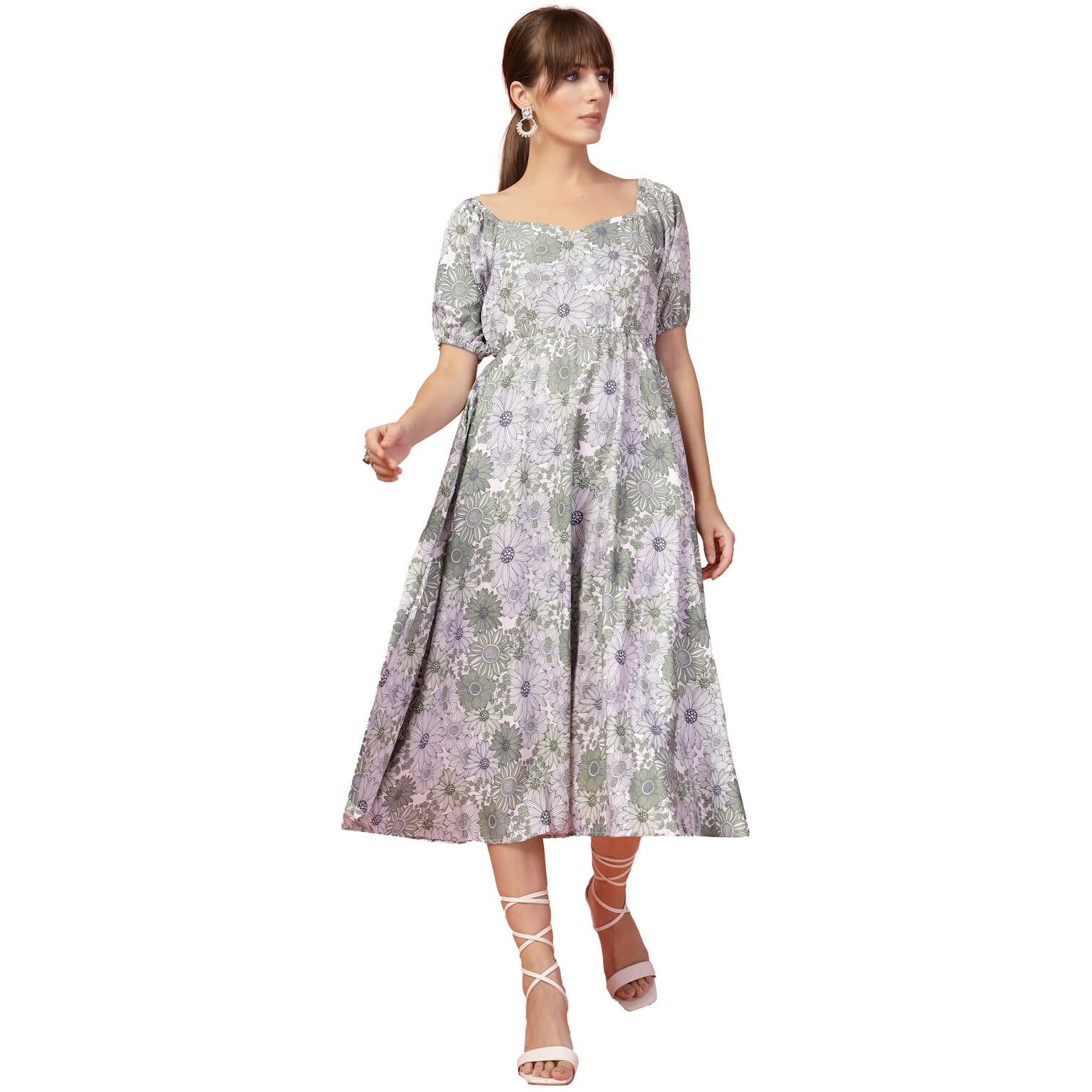 Oomph Flared Dress For Women Stylish | Long One Piece For Women | Puff Sleeve Long Dress | Floral Print Maxi One Piece | Western & Fusion Wear Pear Green