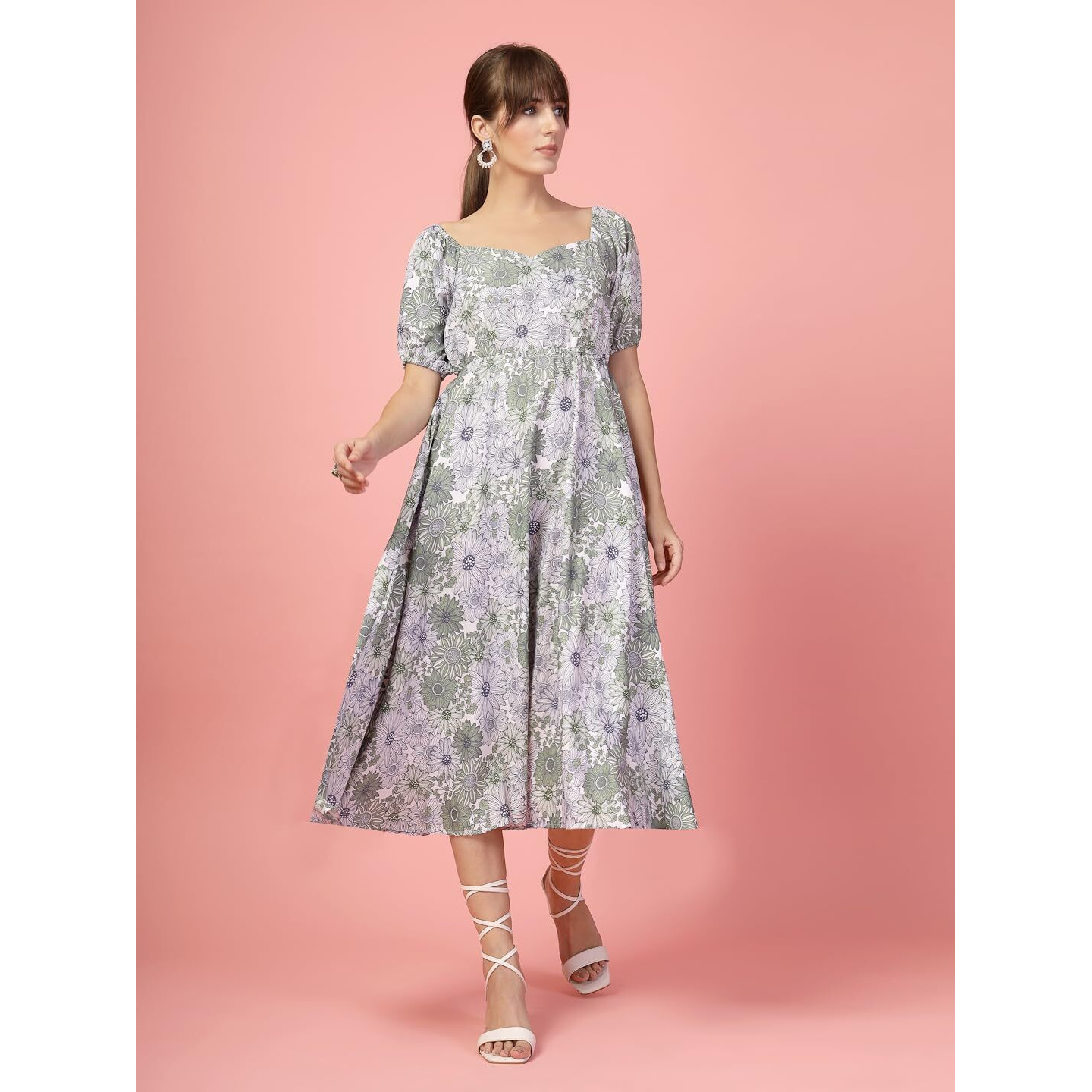 Oomph Flared Dress For Women Stylish | Long One Piece For Women | Puff Sleeve Long Dress | Floral Print Maxi One Piece | Western & Fusion Wear Pear Green