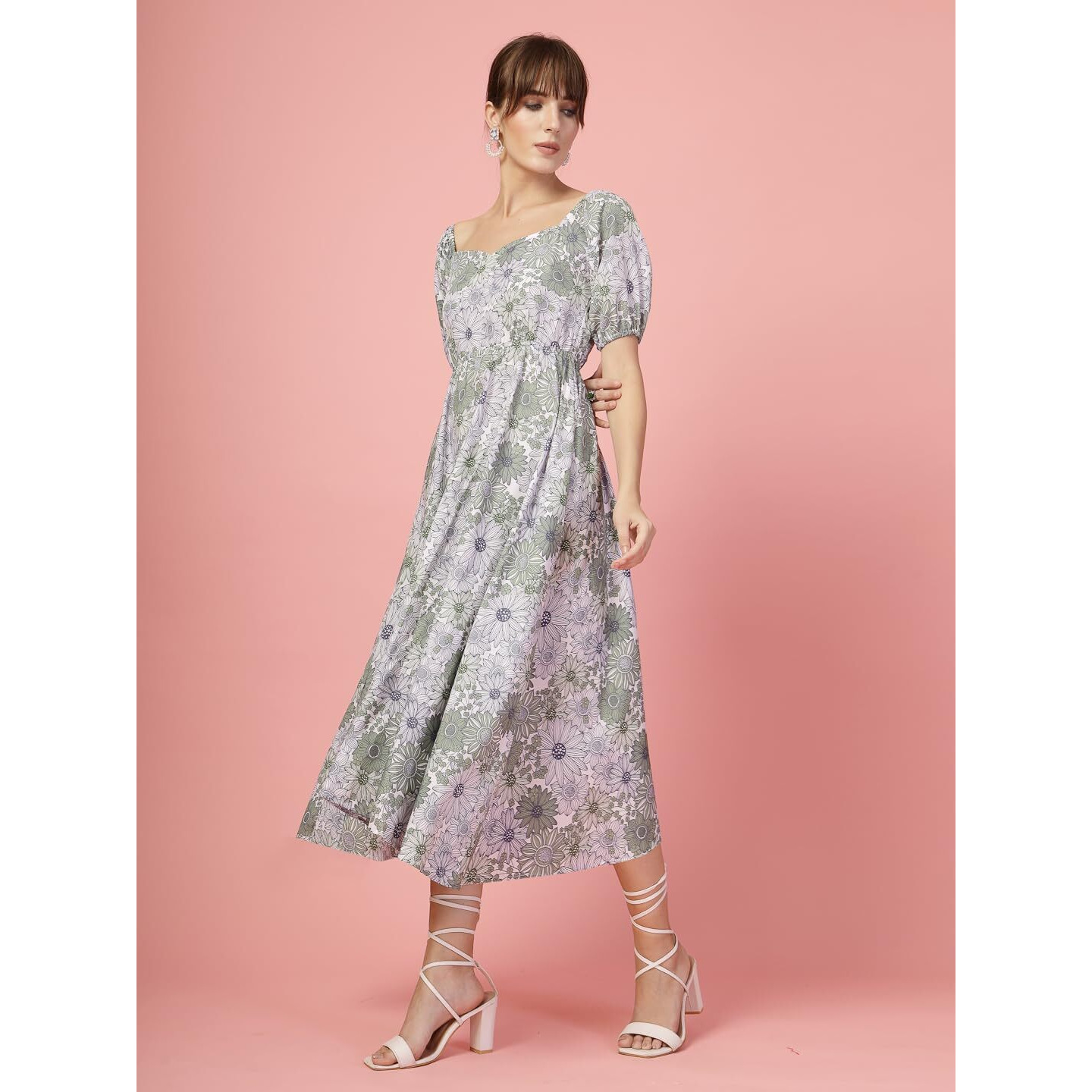 Oomph Flared Dress For Women Stylish | Long One Piece For Women | Puff Sleeve Long Dress | Floral Print Maxi One Piece | Western & Fusion Wear Pear Green