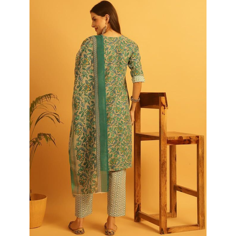 Pinkmint Salwar Suit Set For Women Flower Printed Halter V Neck Kurta With Trouser With Dupatta Ready To Wear Wedding