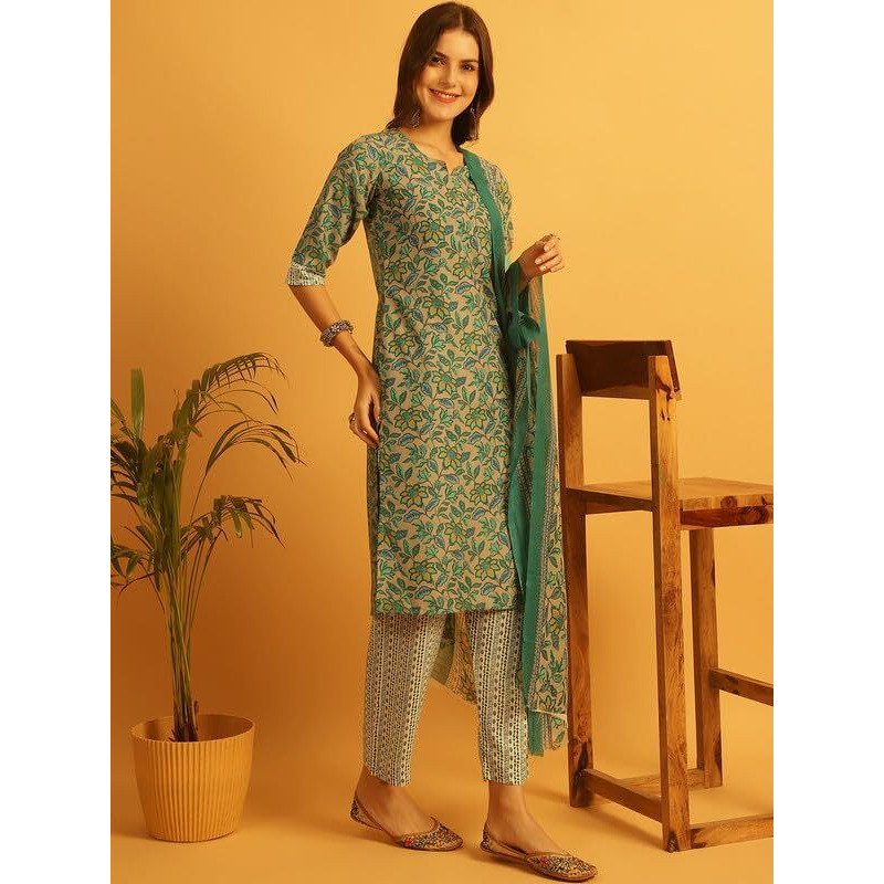 Pinkmint Salwar Suit Set For Women Flower Printed Halter V Neck Kurta With Trouser With Dupatta Ready To Wear Wedding