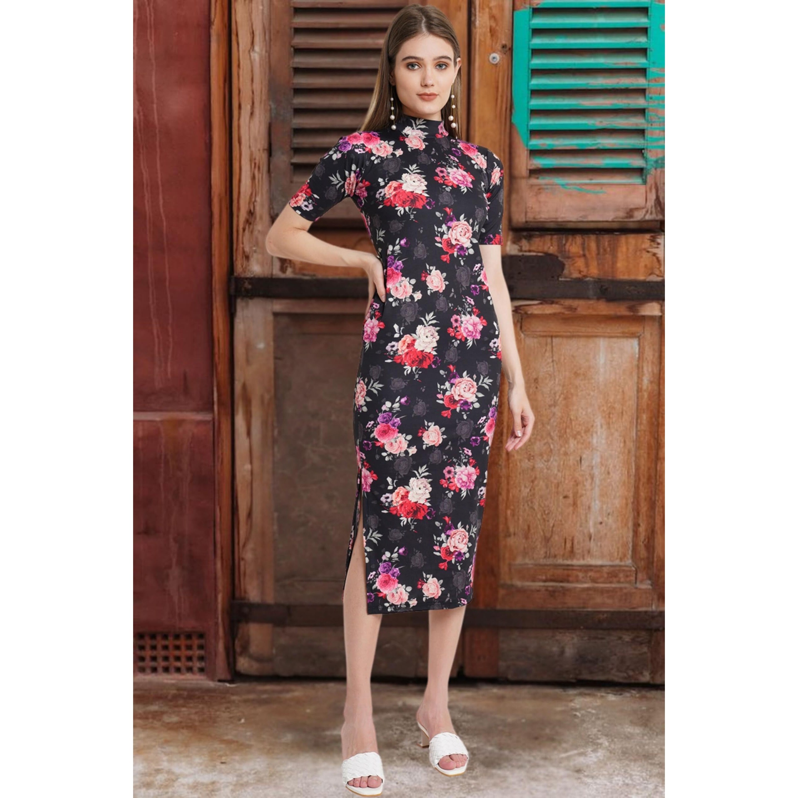 Popwings Women's Polyester Sheath Maxi Dress (Dopt15021_Multicolour