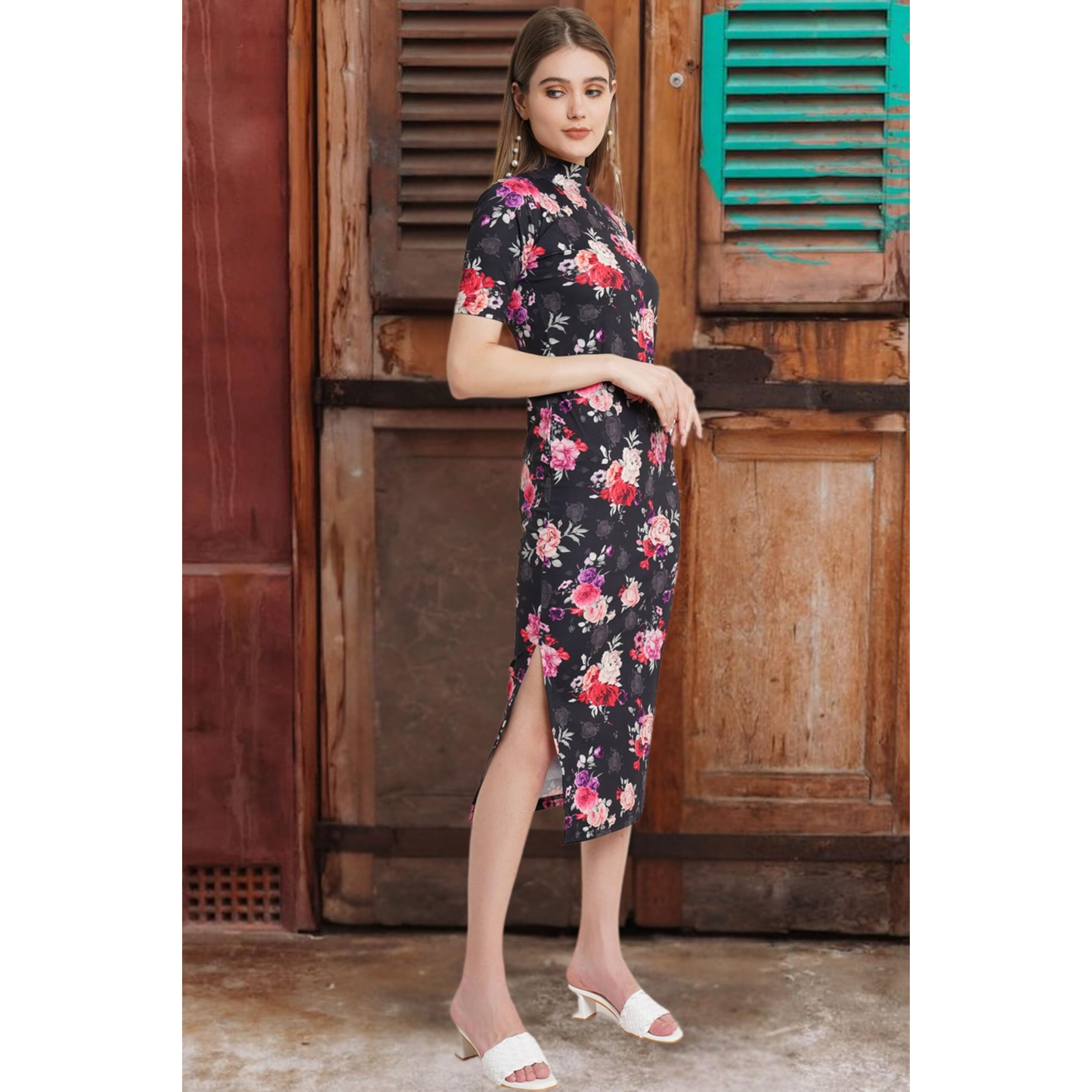 Popwings Women's Polyester Sheath Maxi Dress (Dopt15021_Multicolour