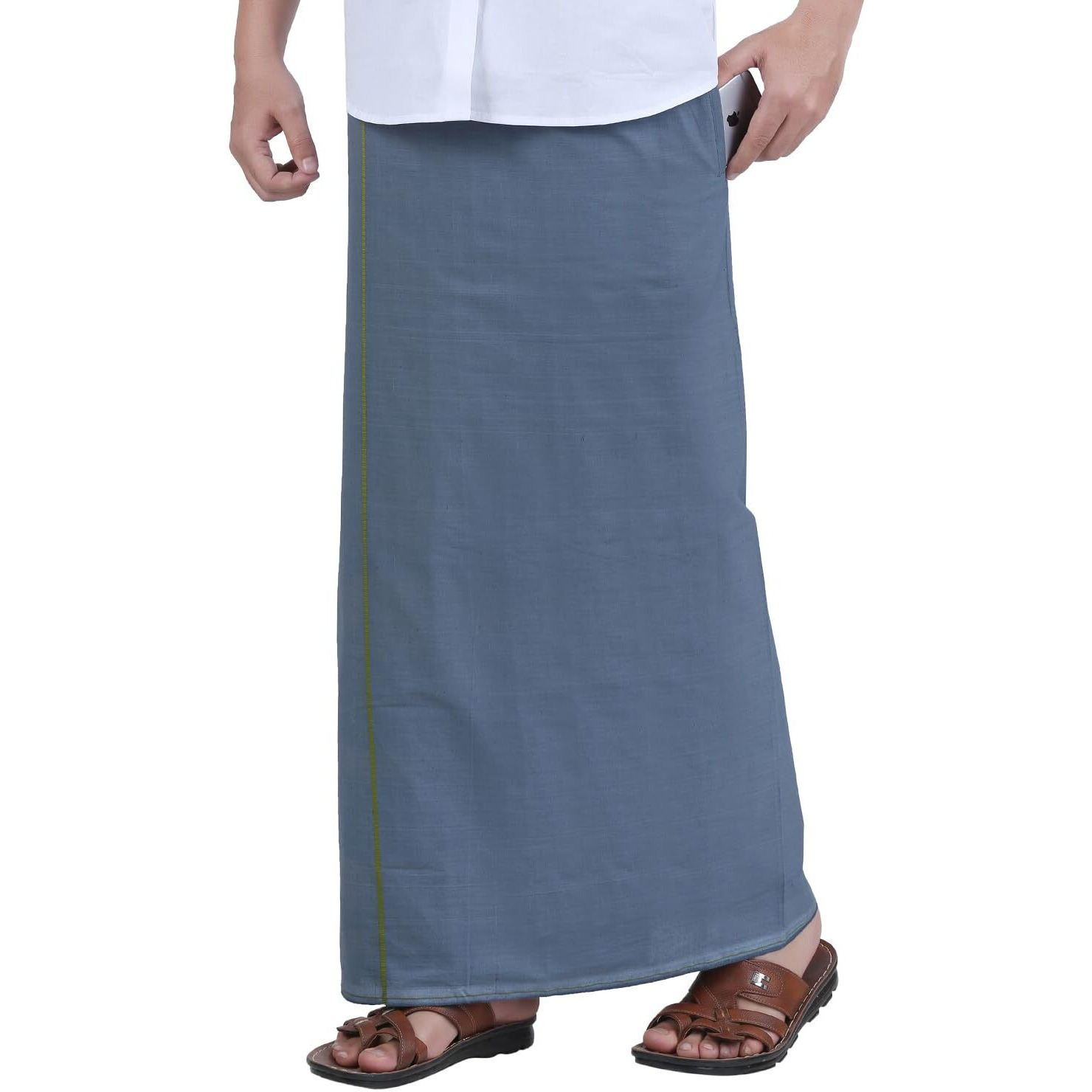 Prakasam Cotton Mens Grey Colour Welcro Pocket Single Dhoti/Colour Pocket Dhoti/Single Dhoti With Pocket (Roja-Grey) Size -Large (Hip Size 40 To 46)