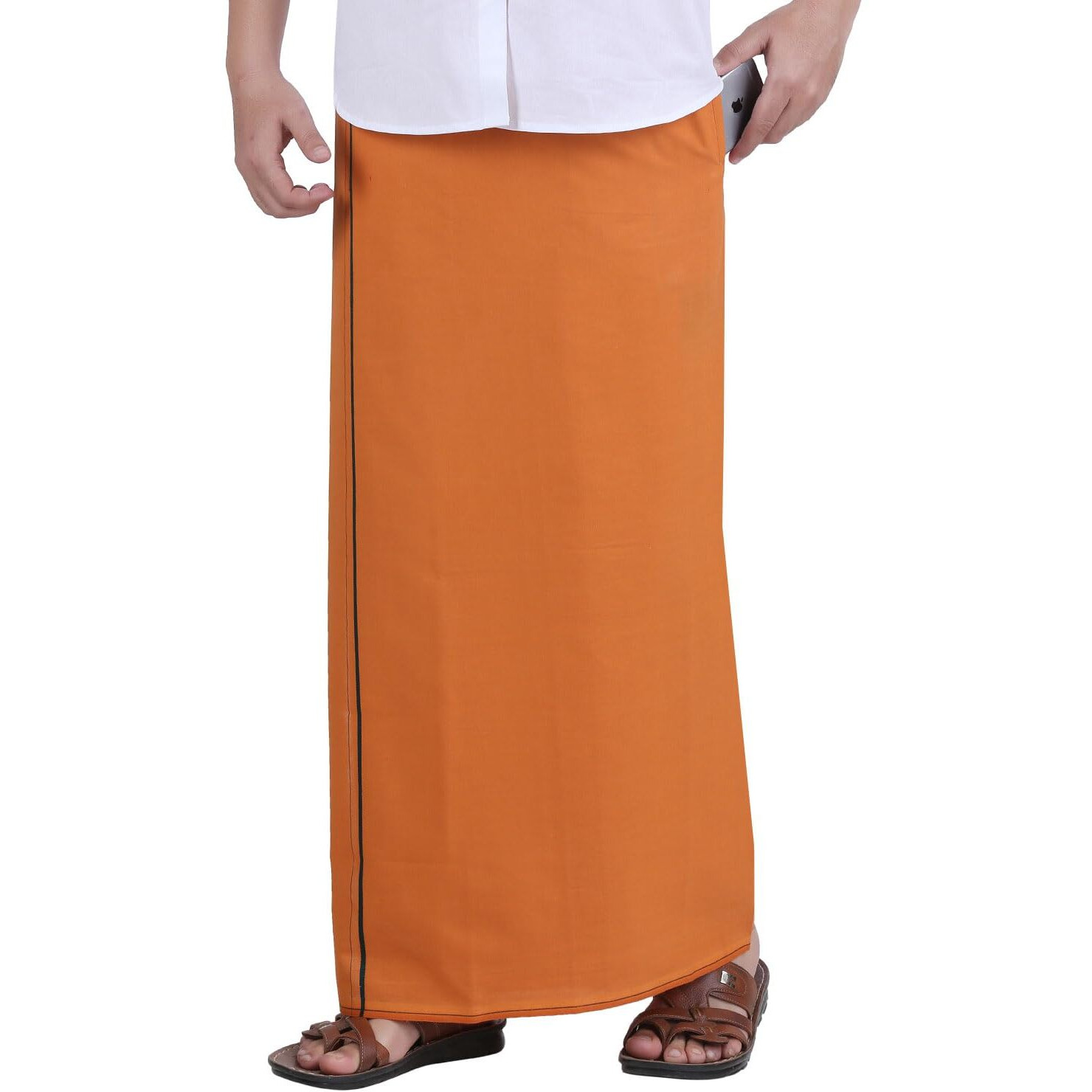 Prakasam Cotton Mens Medium Kaavi Colour Welcro Pocket Single Dhoti (Roja-Medium Kaavi) Size -Large (Hip Size 40 To 46)