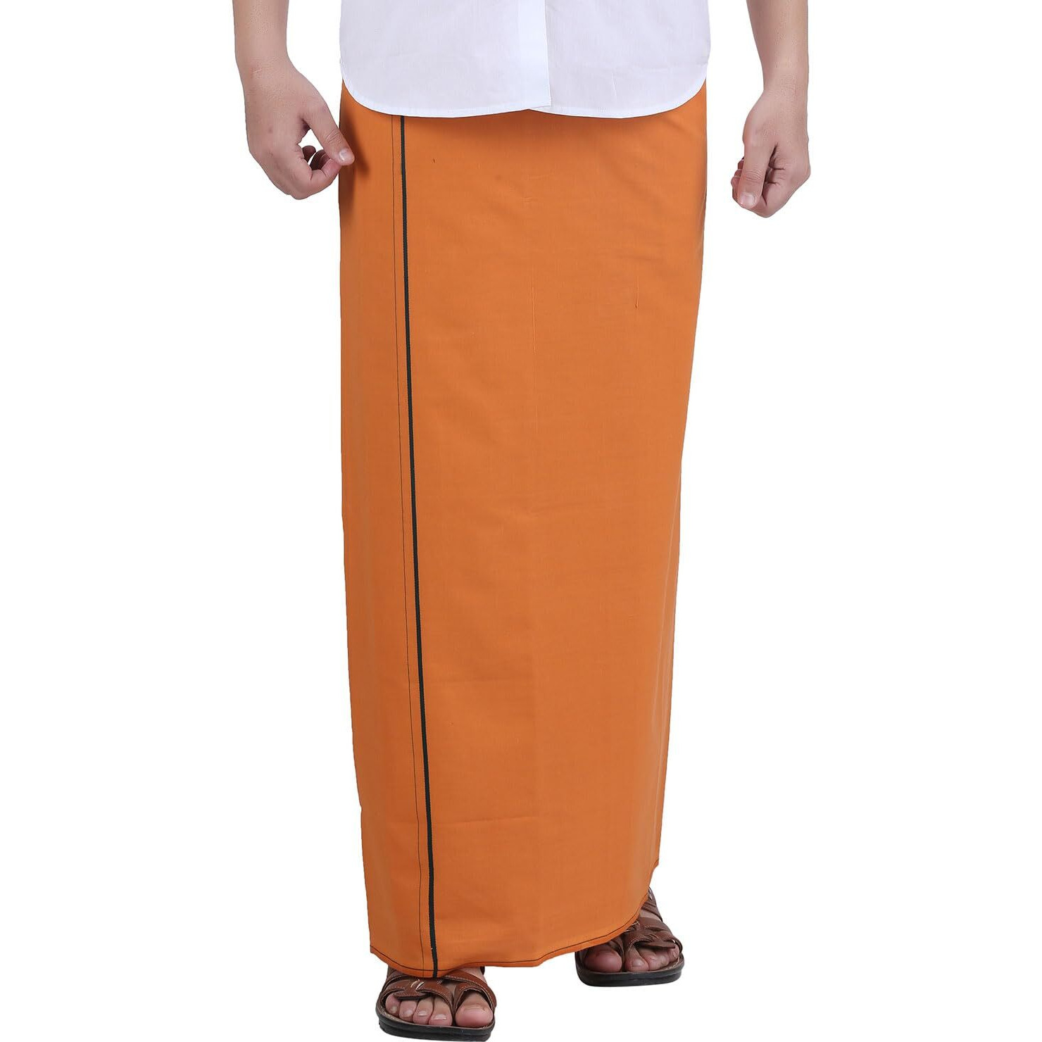 Prakasam Cotton Mens Medium Kaavi Colour Welcro Pocket Single Dhoti (Roja-Medium Kaavi) Size -Large (Hip Size 40 To 46)