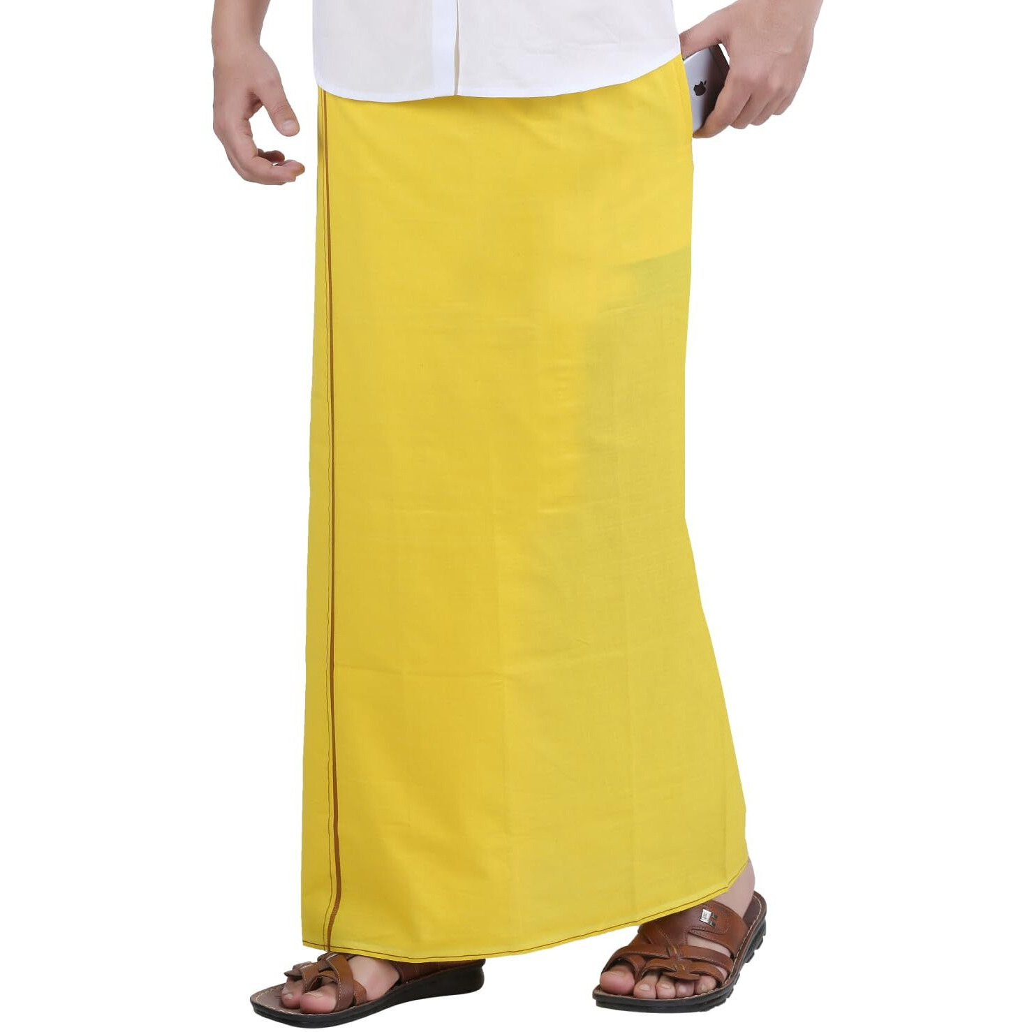 Prakasam Cotton Mens Yellow Colour Welcro Pocket Single Dhoti (Roja-Yellow) Size-Medium (Hip Size 34 To 38)