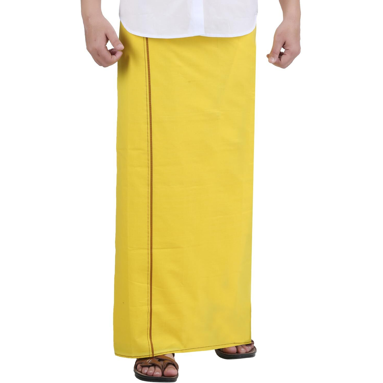 Prakasam Cotton Mens Yellow Colour Welcro Pocket Single Dhoti (Roja-Yellow) Size-Medium (Hip Size 34 To 38)